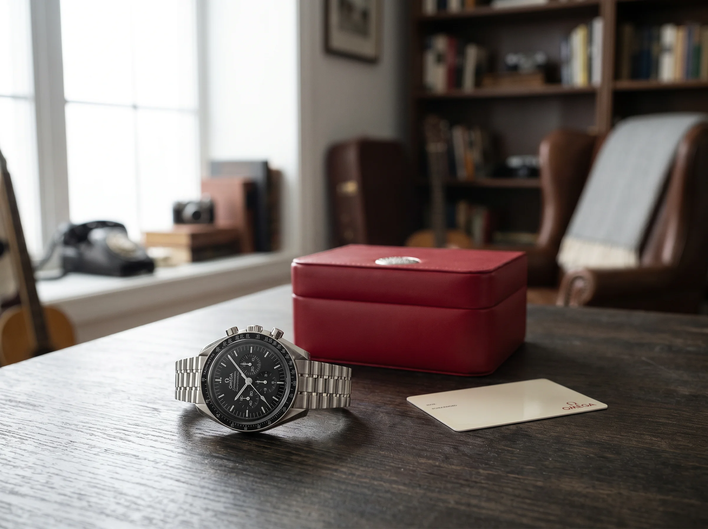 Omega Speedmaster Moonwatch Professional on a desk beside a closed red Omega presentation box and card