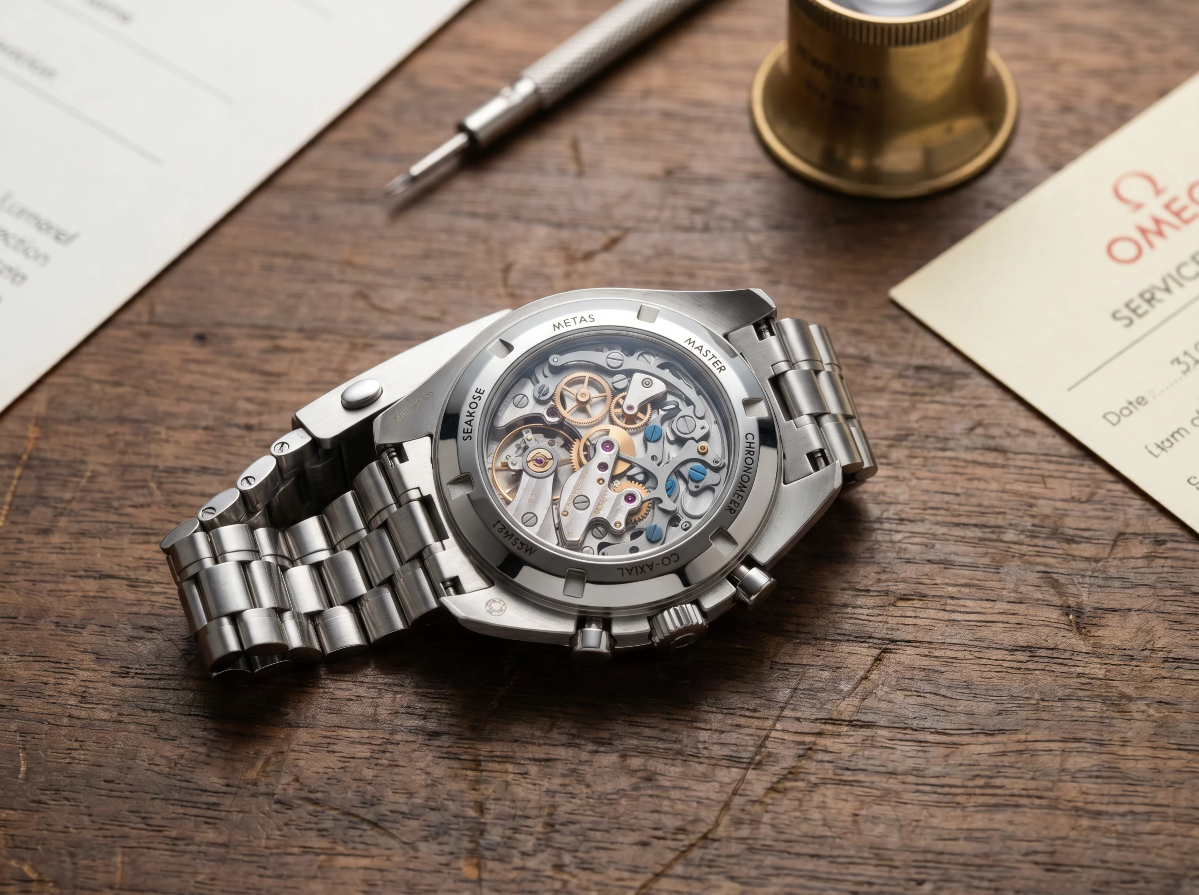 Caseback view of an Omega Speedmaster Moonwatch 310.30.42.50.01.002 showing the manual-wind Calibre 3861 movement through the sapphire exhibition window