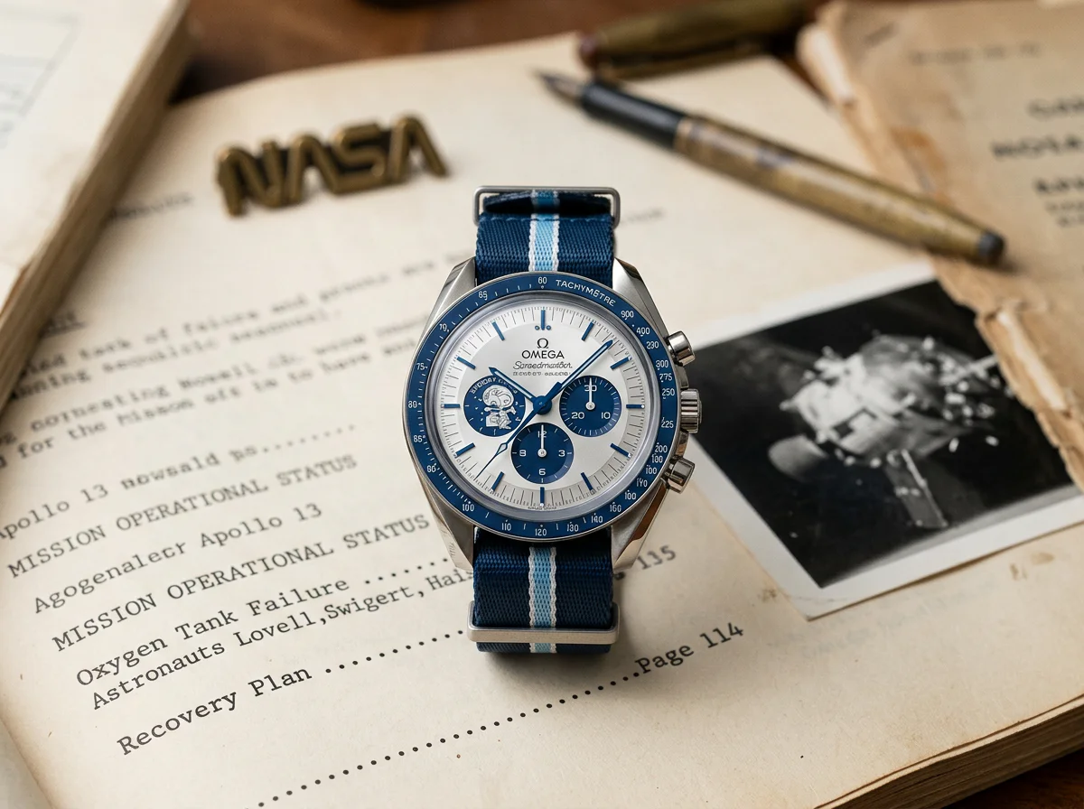 Omega Speedmaster Silver Snoopy Award 50th Anniversary 310.32.42.50.02.001 with silvered dial, blue ceramic tachymeter bezel, and blue NATO strap