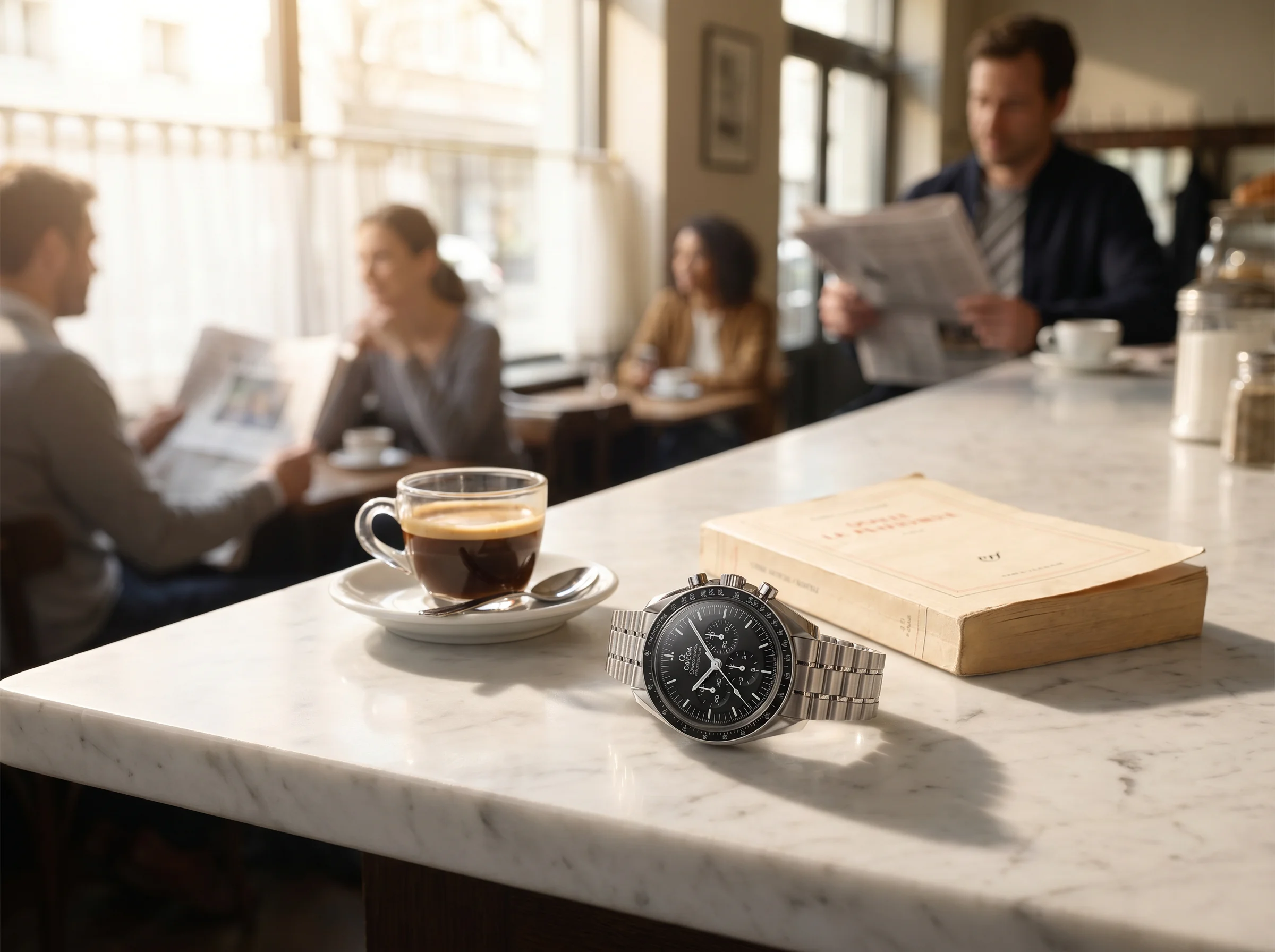 Omega Speedmaster Moonwatch Professional on a sunny cafe counter beside an espresso cup and book