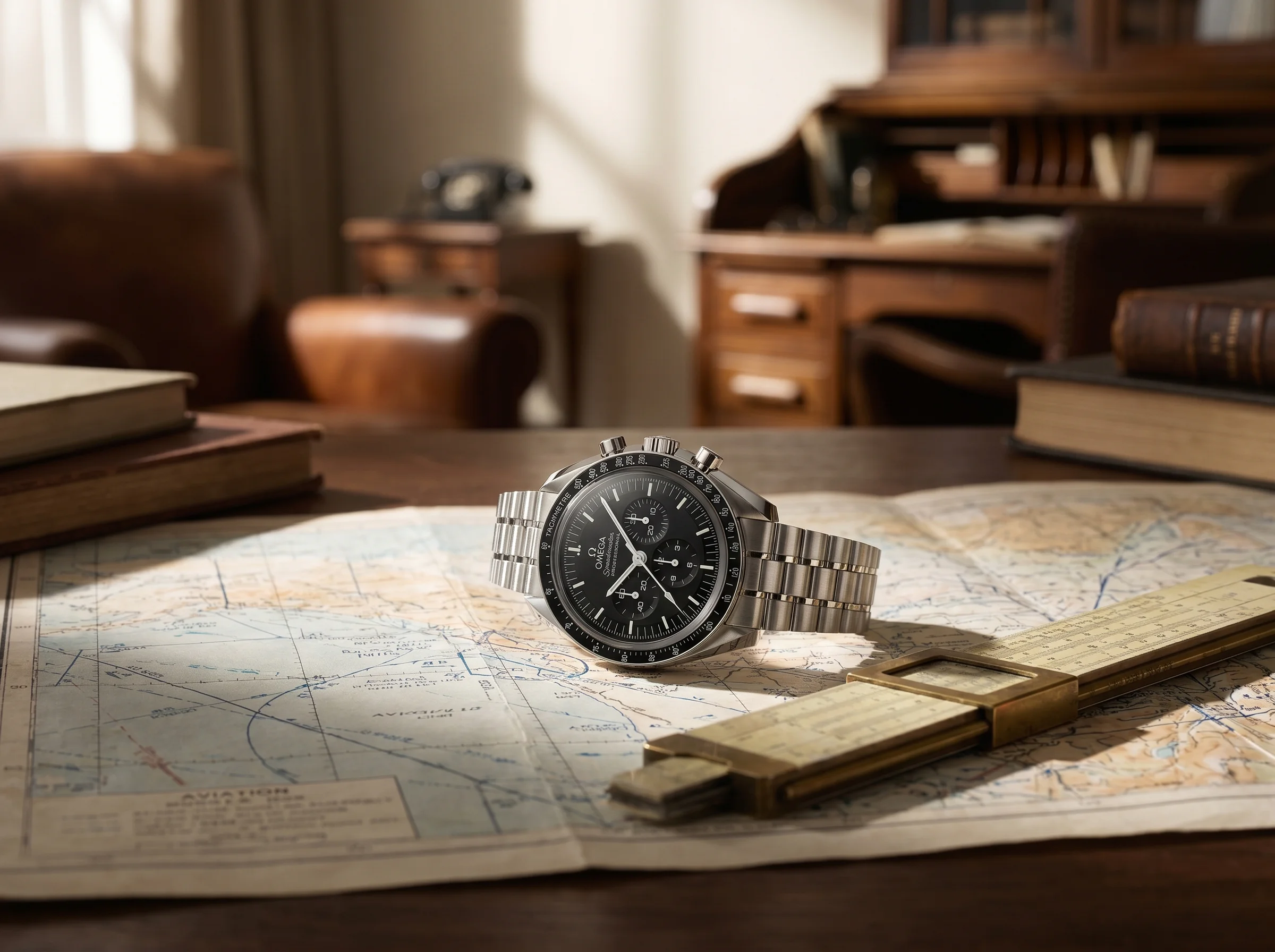 Omega Speedmaster Moonwatch Professional on a vintage aviation map beside a brass slide-rule