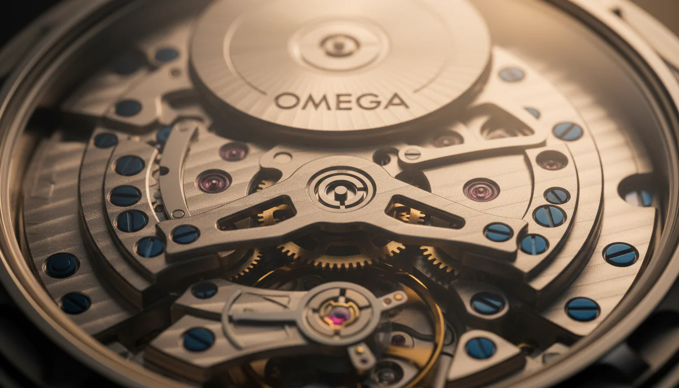 Omega Speedmaster with co-axial movement visible through an exhibition caseback, macro detail