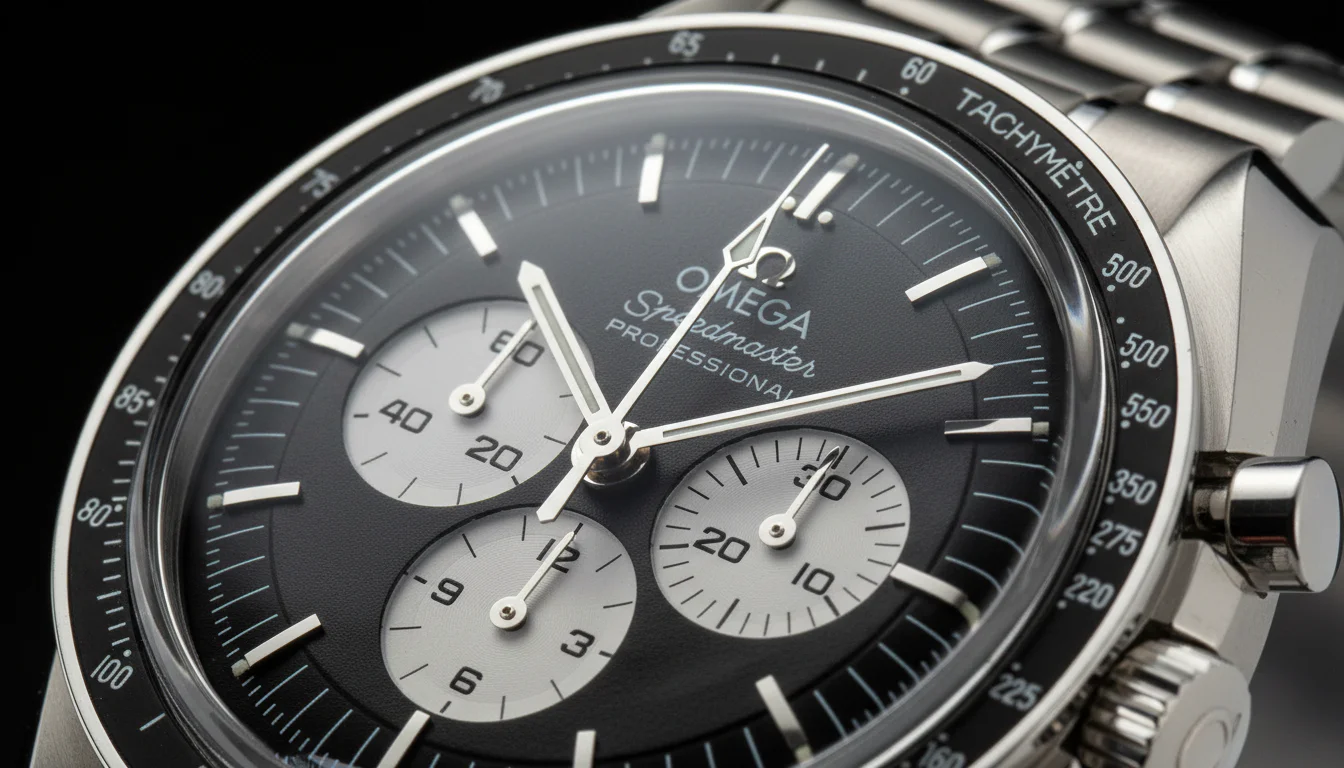 Macro shot of the Omega Speedmaster Professional black dial with chronograph subdials