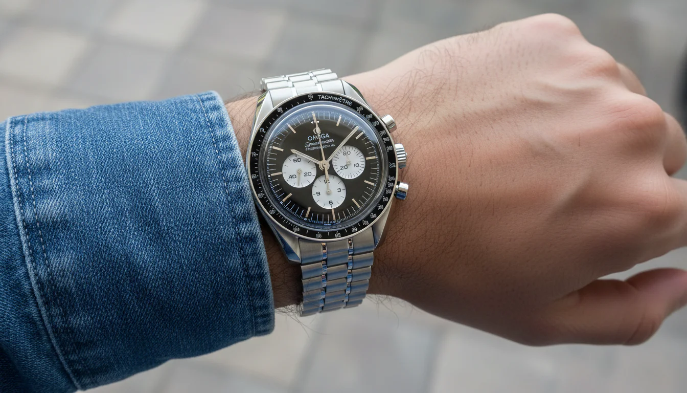 First person point of view wrist shot wearing the Omega Speedmaster Professional Moonwatch
