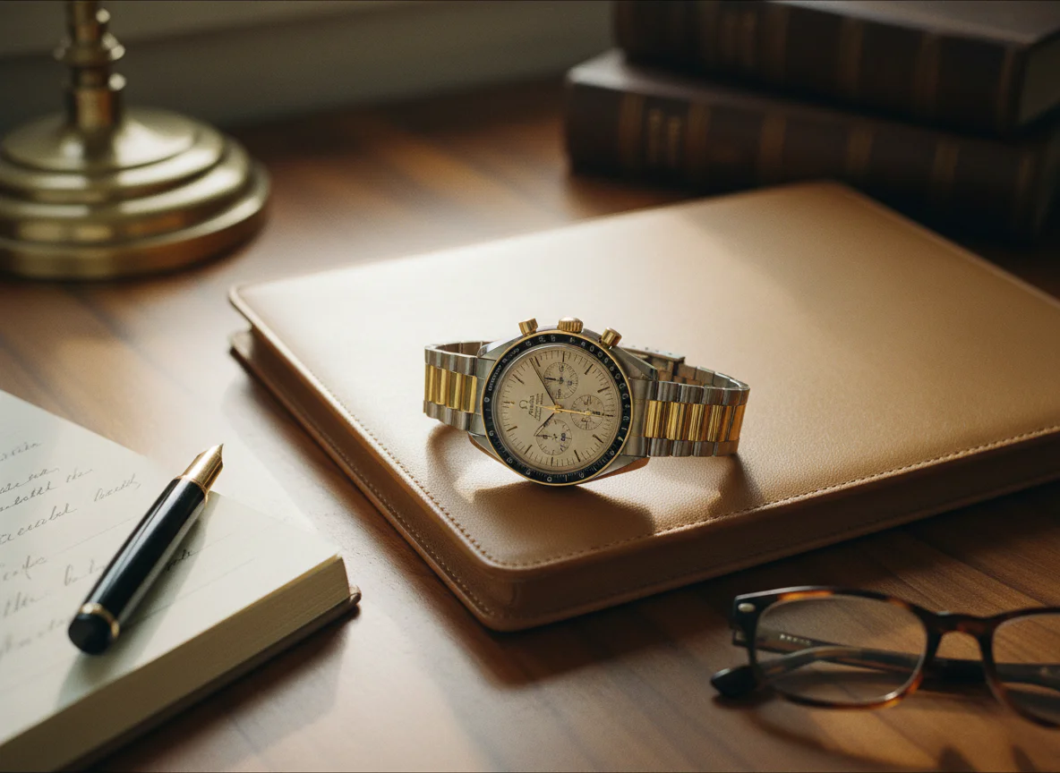 Two-tone Omega Speedmaster Reduced reference 175.00.03 with steel case, gold bezel and bracelet center links, and champagne dial resting on a leather portfolio on a walnut desk with Mont Blanc fountain pen