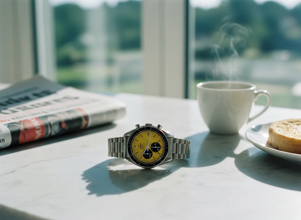Omega Speedmaster Reduced Schumacher reference 3510.12 with Jordan-yellow lacquered dial, black hands and markers, checkered chapter ring, and 39mm steel case on a white marble kitchen counter in Sunday morning light