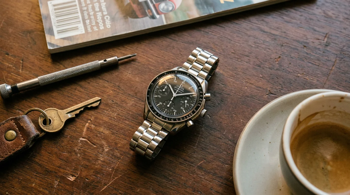 Omega Speedmaster Reduced reference 3510.50 with 39mm steel case, black dial, hesalite crystal, and three sub-registers resting on a worn walnut desk with a 1990s motor sport magazine and espresso cup in afternoon window light