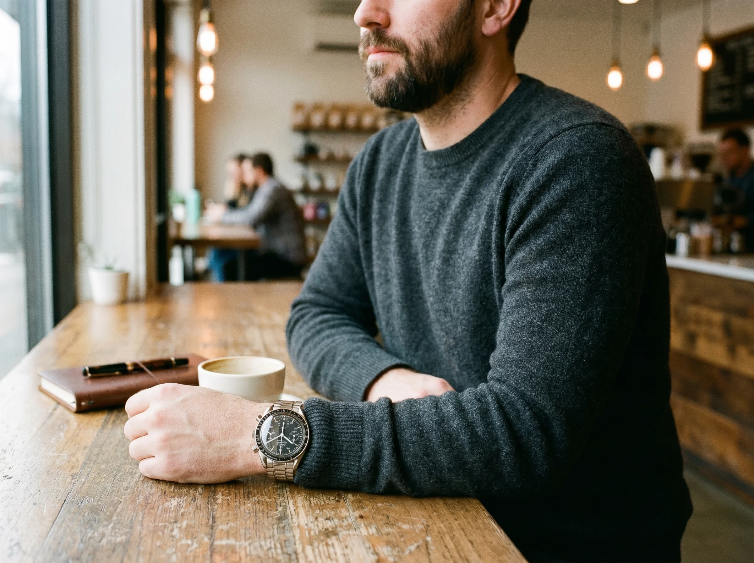 Omega Speedmaster Reduced reference 3510.50 with 39mm steel case and black dial worn on a man's wrist resting on a wooden coffee shop counter in natural morning daylight