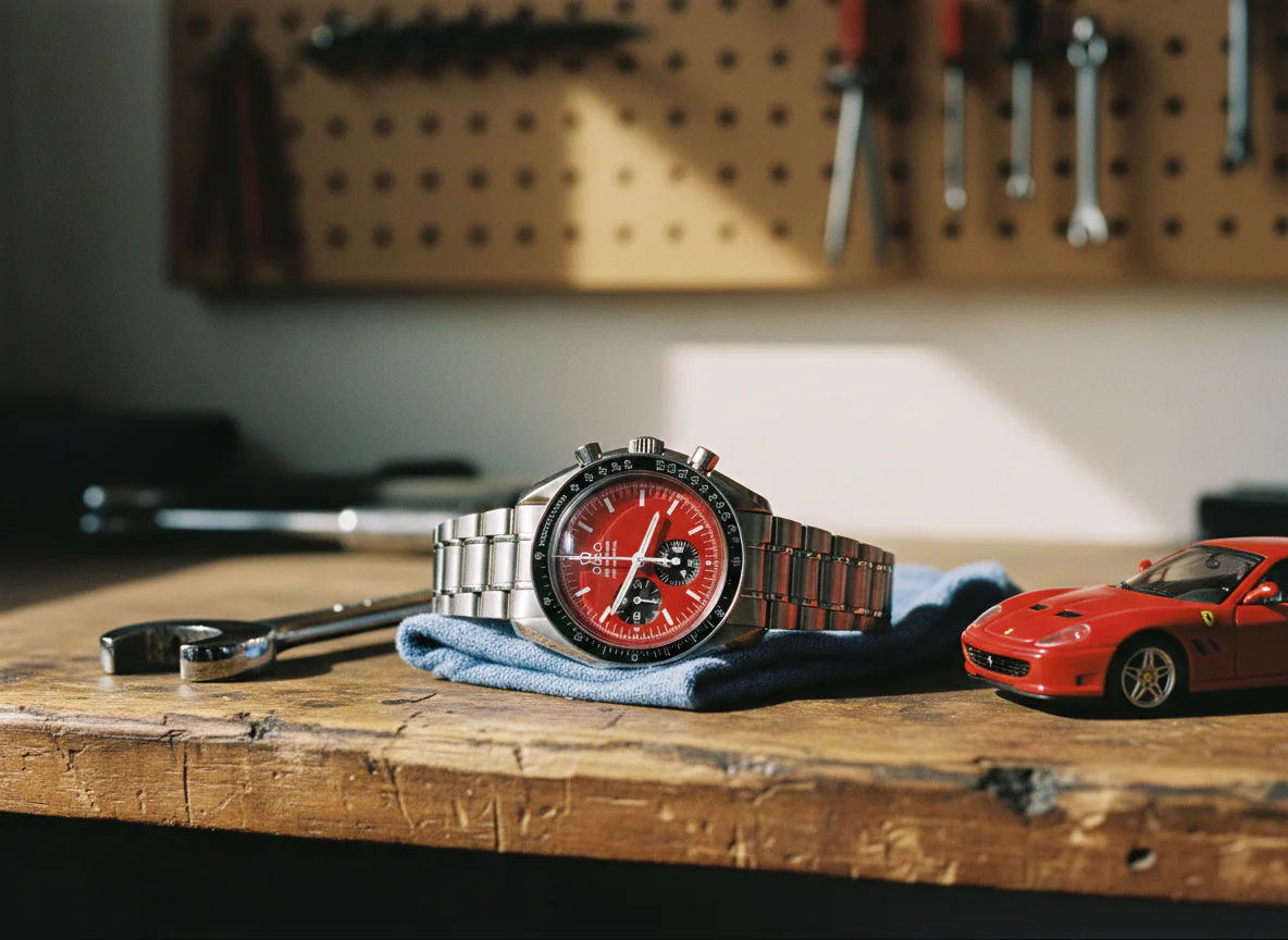 Omega Speedmaster Reduced Schumacher reference 3510.61 with Ferrari red lacquered dial, checkered chapter ring, and 39mm steel case resting on a workshop bench beside a Ferrari scale model and torque wrench