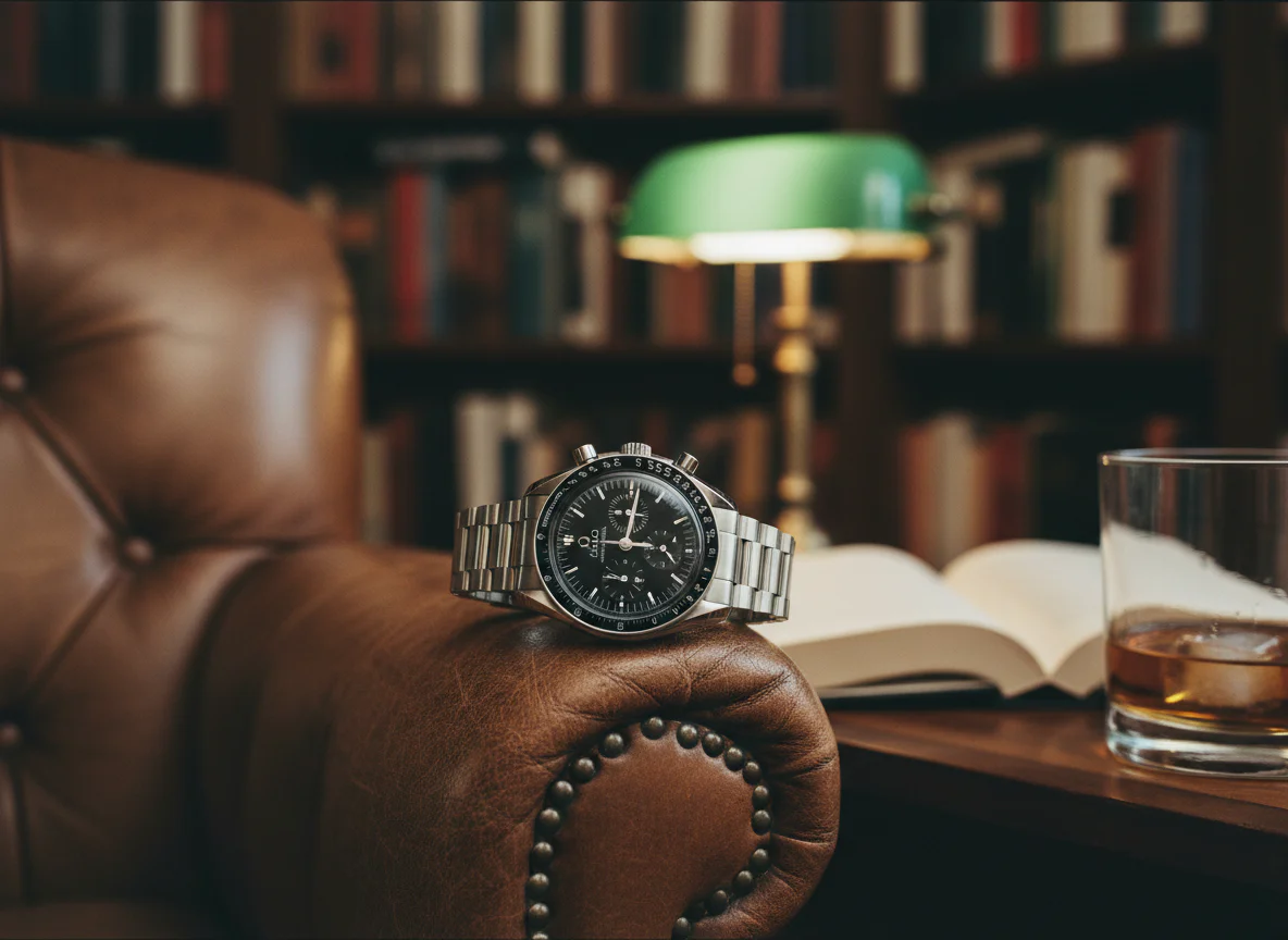 Omega Speedmaster Reduced reference 3539.50 with 39mm steel case, sapphire crystal, and black dial resting on the leather arm of a chesterfield reading chair in a library with hardcover books and warm tungsten lighting
