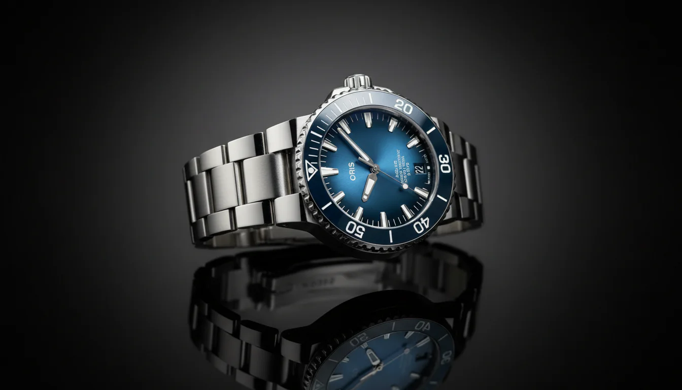 Oris Aquis blue dial dive watch with steel bracelet in dramatic studio lighting