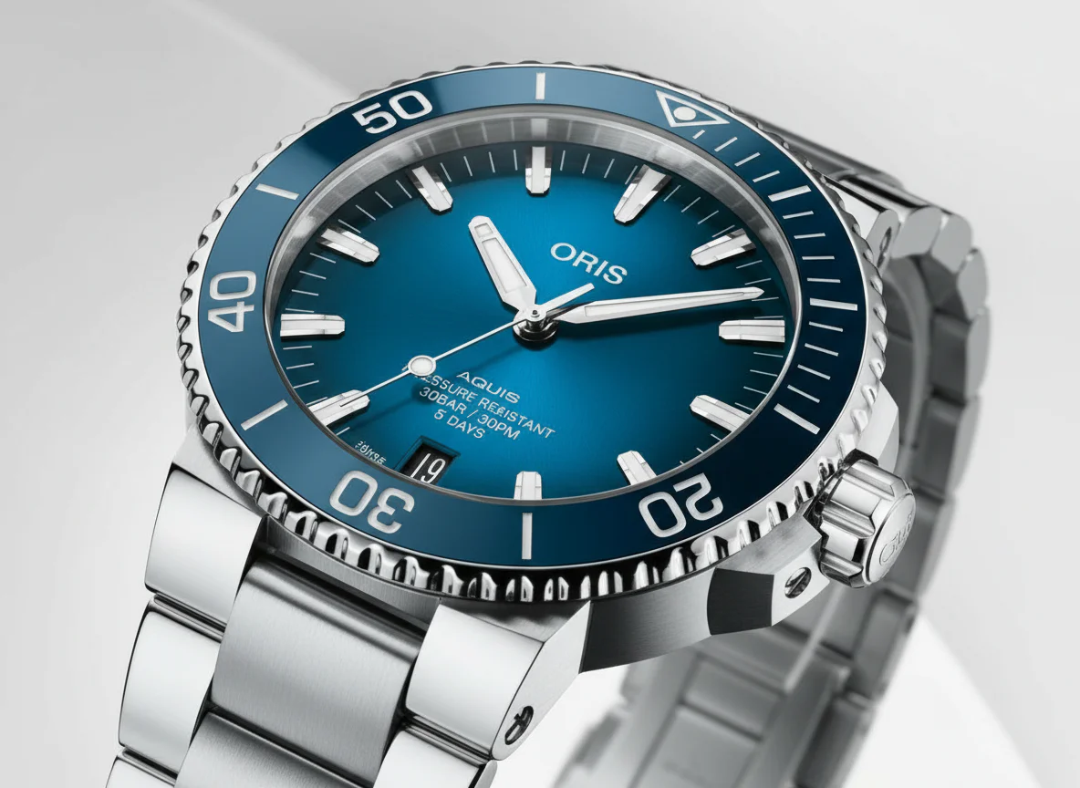 Oris Aquis Date Calibre 400 ceramic bezel and blue dial macro detail