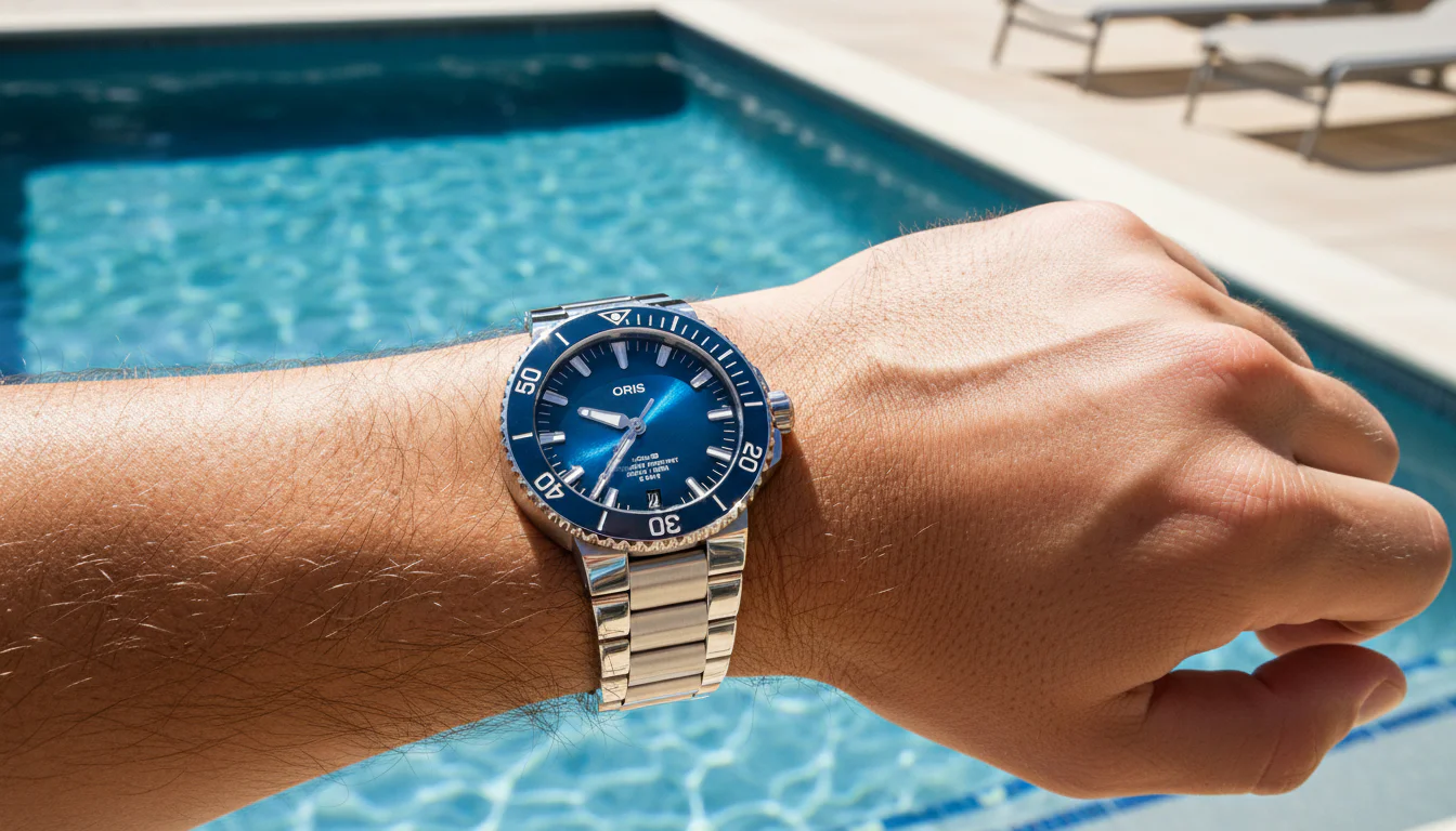Oris Aquis Date Calibre 400 worn poolside on the wrist