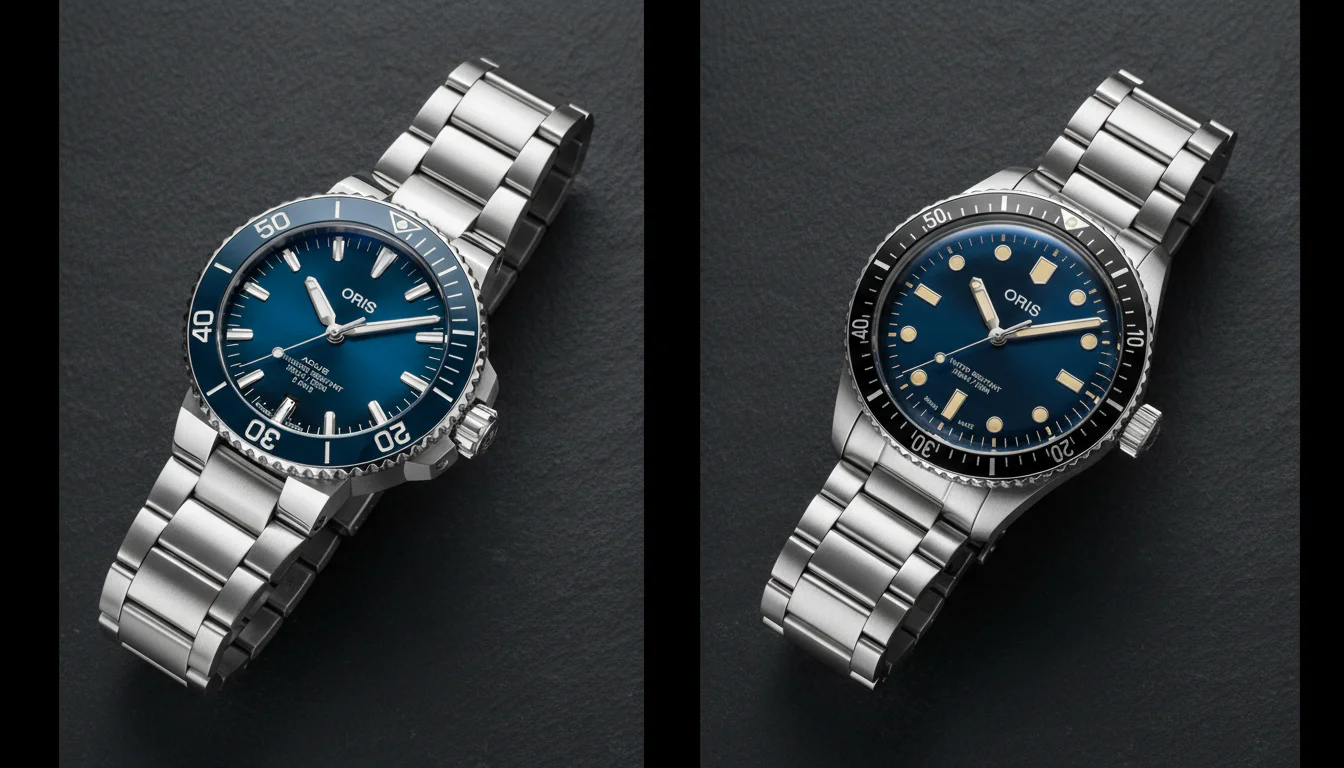 Oris Aquis Date Calibre 400 and Oris Divers Sixty-Five compared side by side, both with blue dials