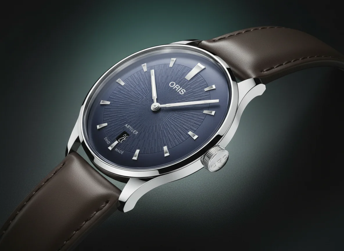 Oris Artelier Date 38mm with blue guilloche dial on brown leather strap, three-quarter studio shot