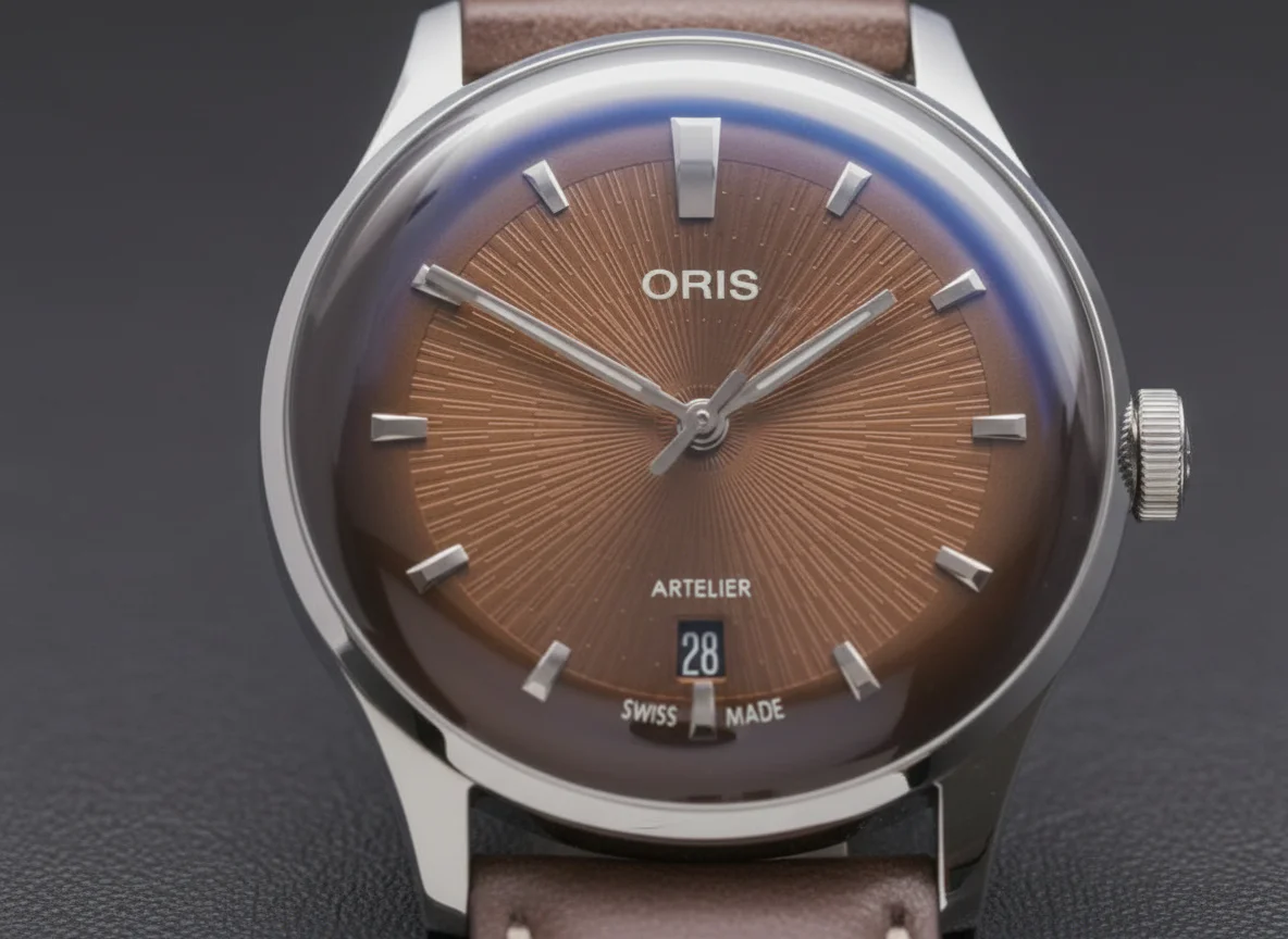 Oris Artelier Date 38mm chocolate brown dial macro on brown leather strap
