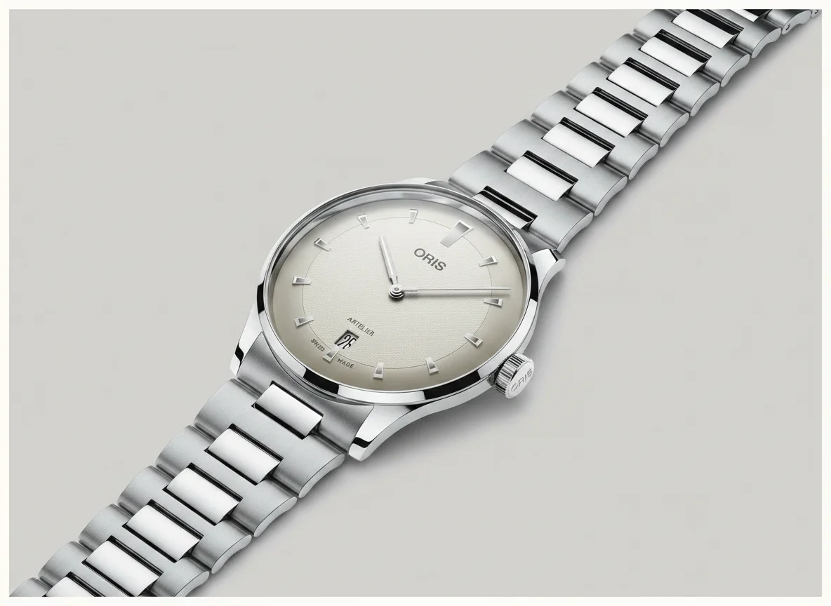 Oris Artelier Date 38mm white dial on stainless steel bracelet, flat lay