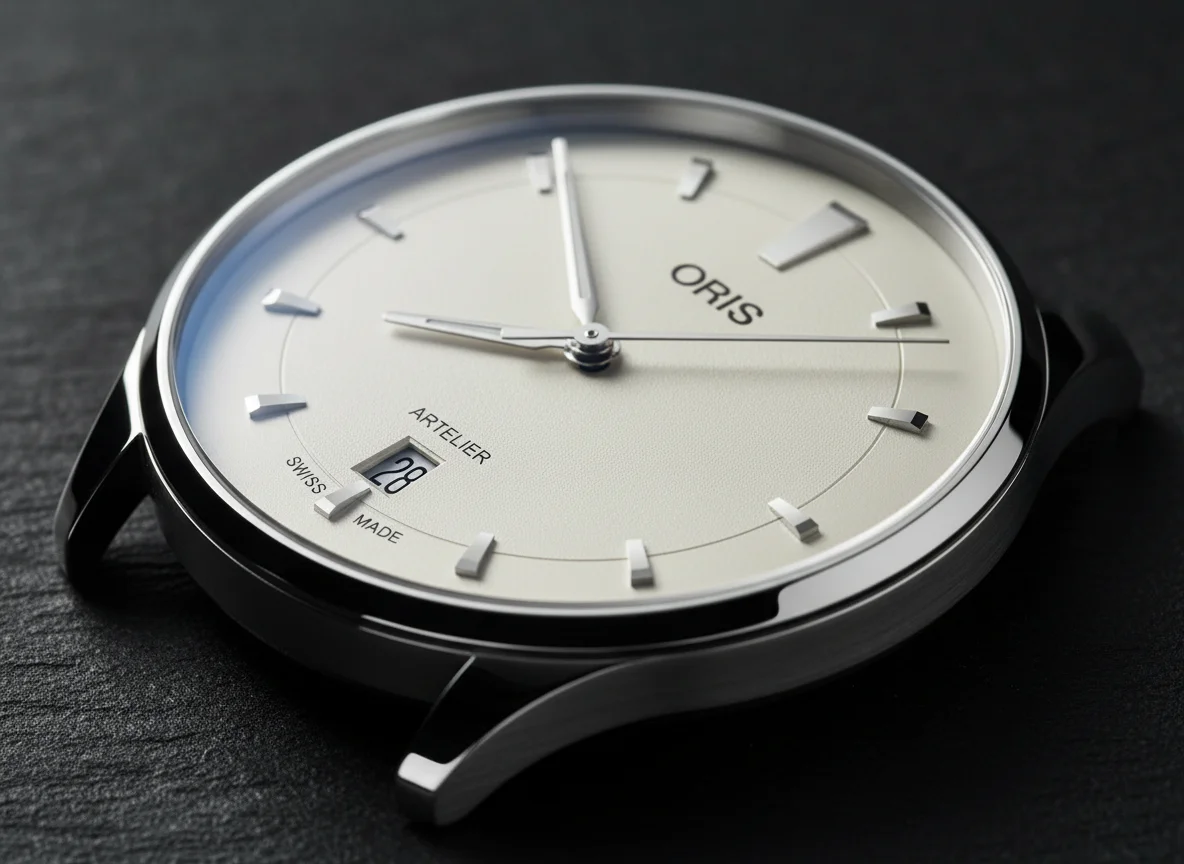 Oris Artelier Date 38mm white dial macro shot showing ARTELIER text and date window
