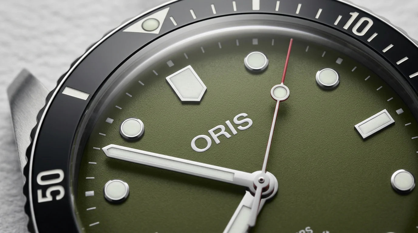 Macro shot of the Oris Divers Date olive green dial showing applied indices and the black ceramic bezel