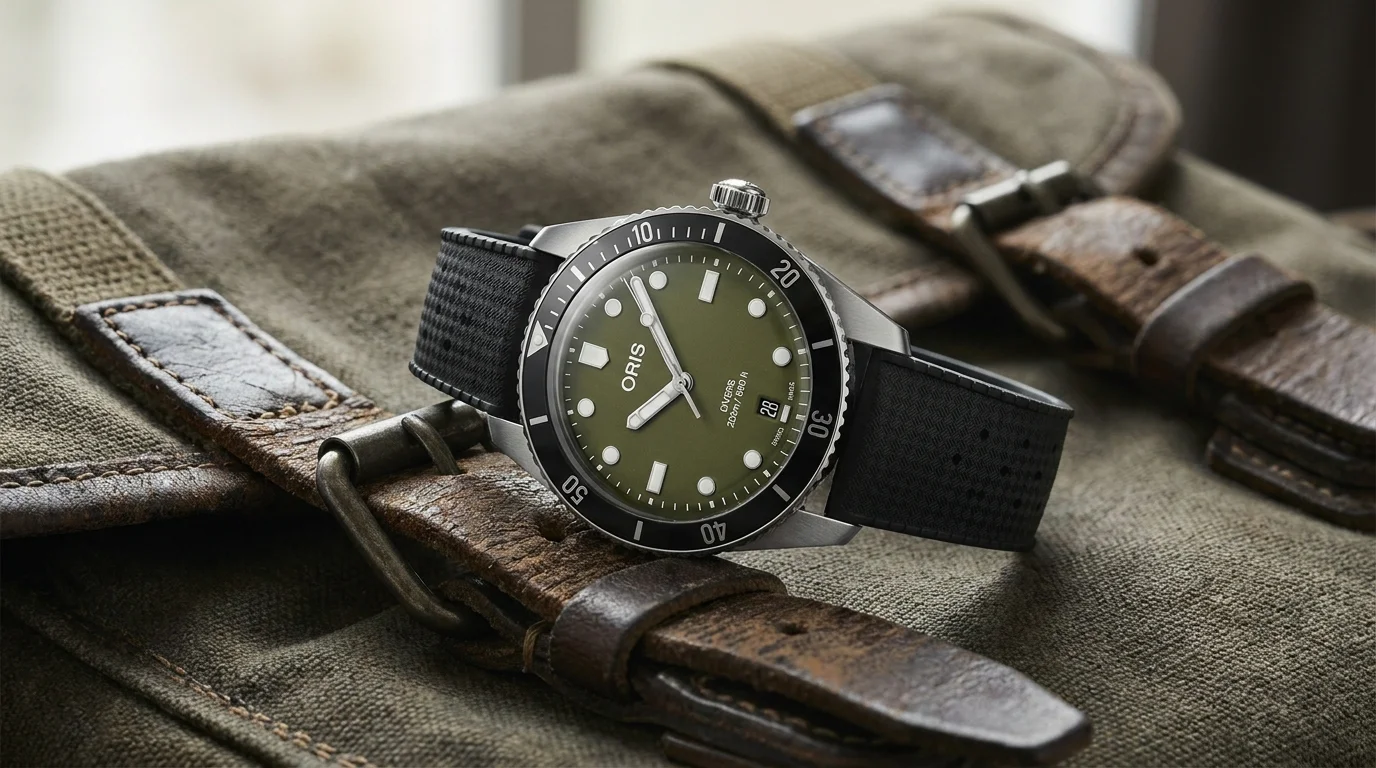 Oris Divers Date olive green on the black rubber strap laid on canvas field gear