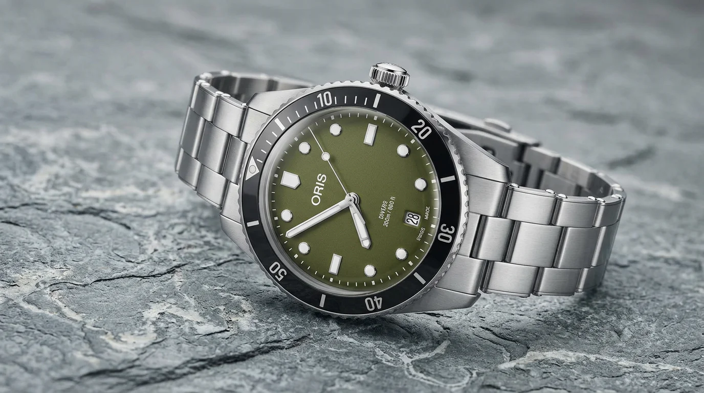 Oris Divers Date in olive green on its stainless steel bracelet resting on slate
