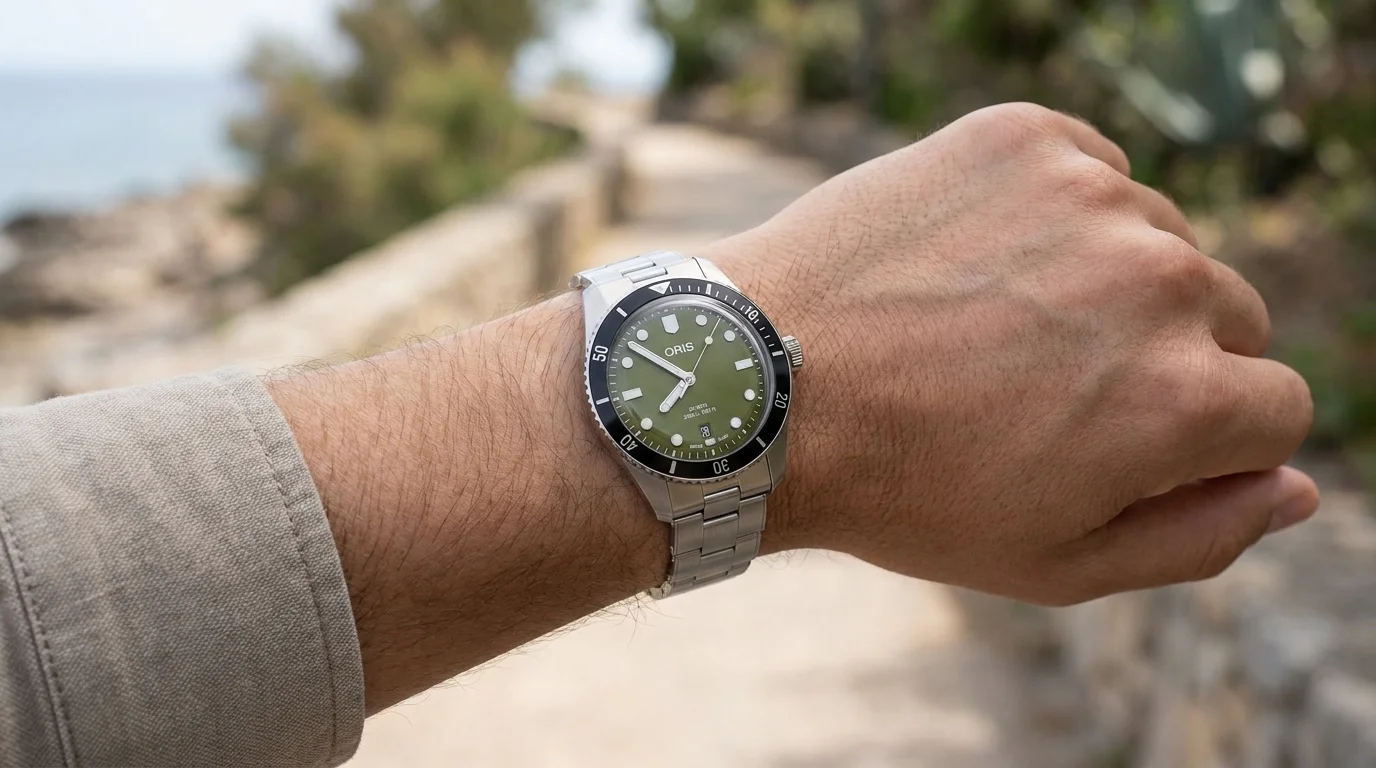 Oris Divers Date olive green worn on the wrist on a coastal path