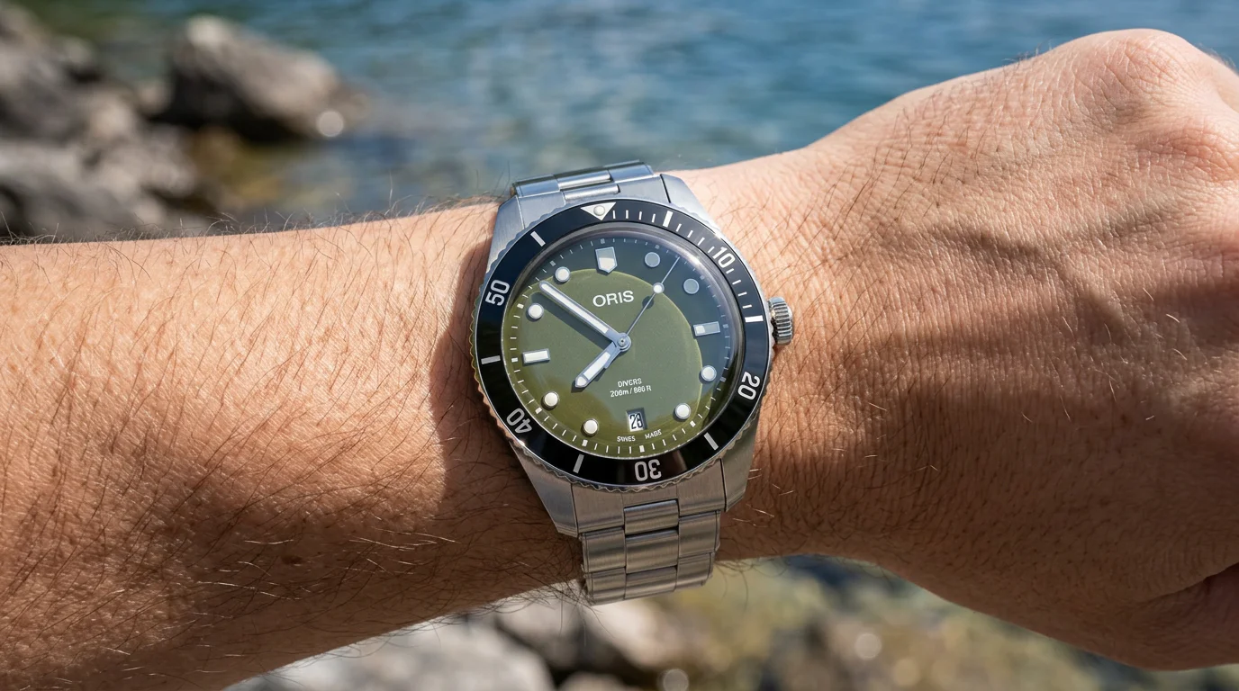 Oris Divers Date olive green worn on the wrist near the water