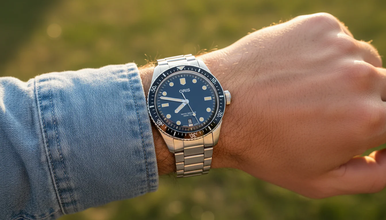 Oris Divers Sixty-Five worn casually on the wrist outdoors with a denim shirt sleeve