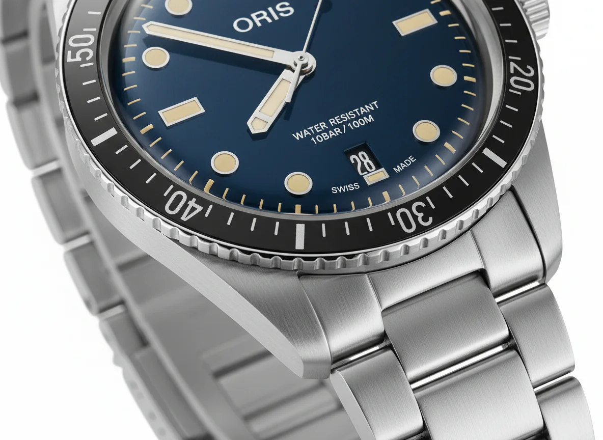 Oris Divers Sixty-Five blue dial macro detail showing domed crystal and vintage-style markers