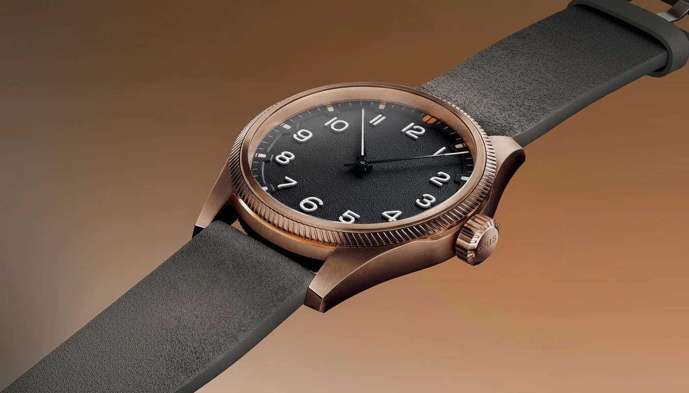 Oris ProPilot Bronze case and turbine-inspired fluted bezel macro detail showing the bronze patina tone