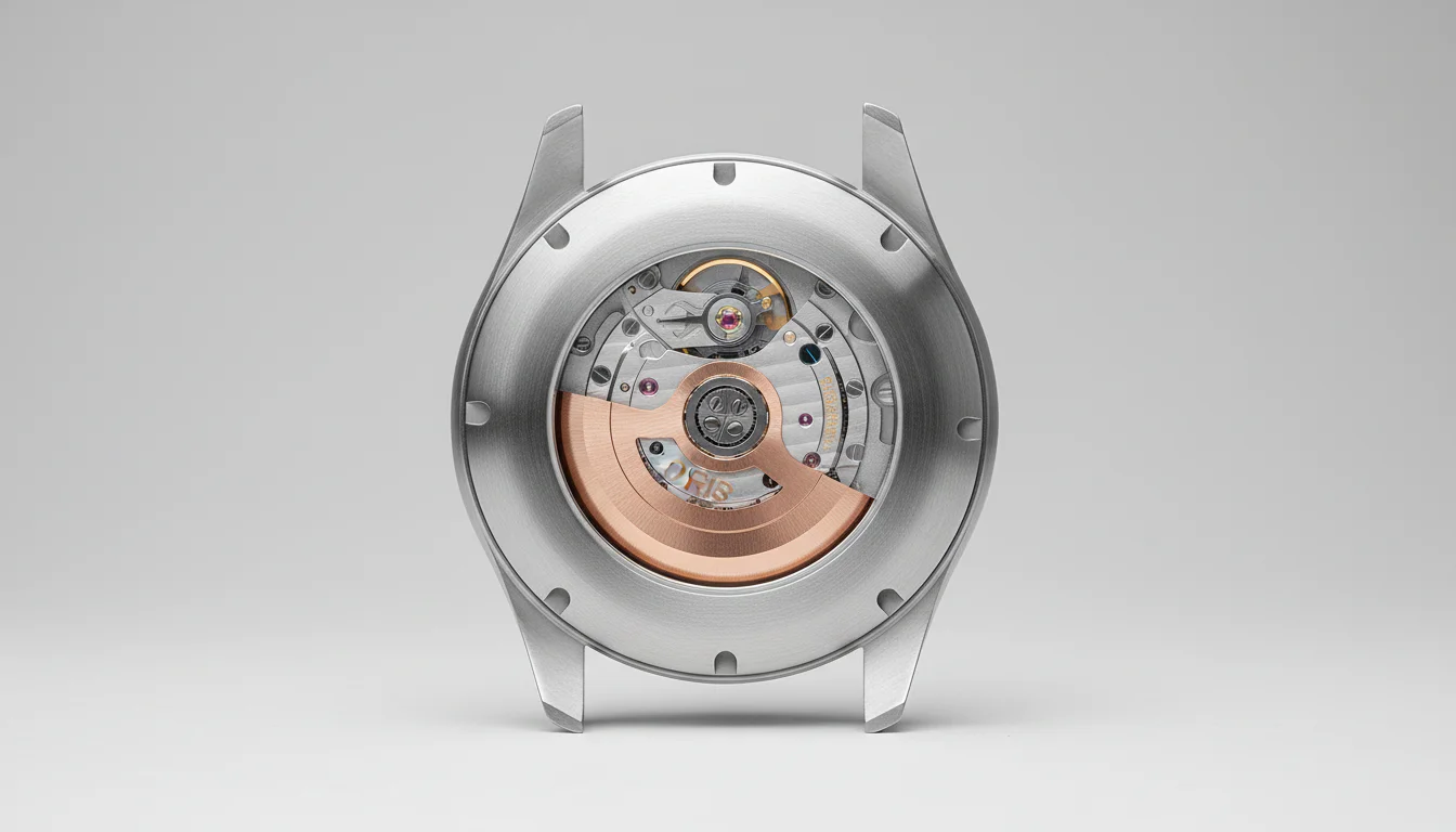 Oris ProPilot Bronze see-through stainless steel caseback showing the Calibre 733 automatic movement rotor and bridges