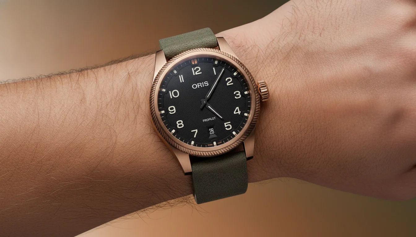 Oris ProPilot Bronze on wrist with dark green suede strap and applied Arabic numeral dial