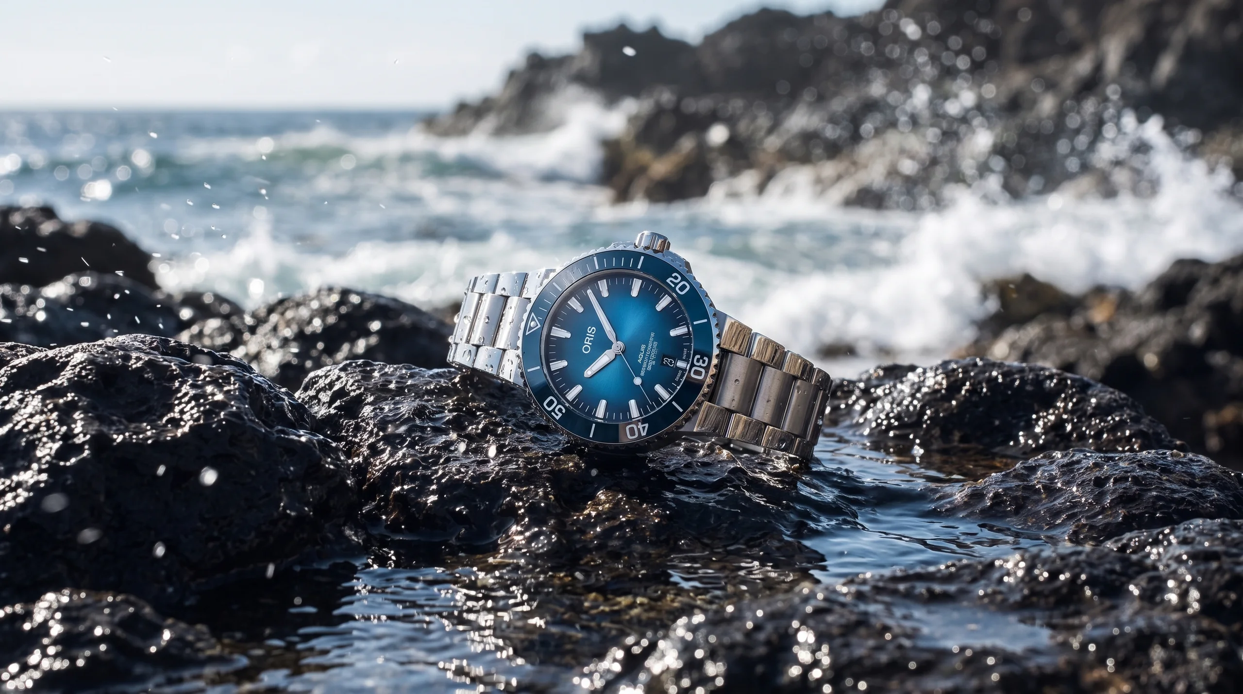 Oris Aquis Date Calibre 400 dive watch on wet sea rocks, the best Swiss value diver most buyers overlook