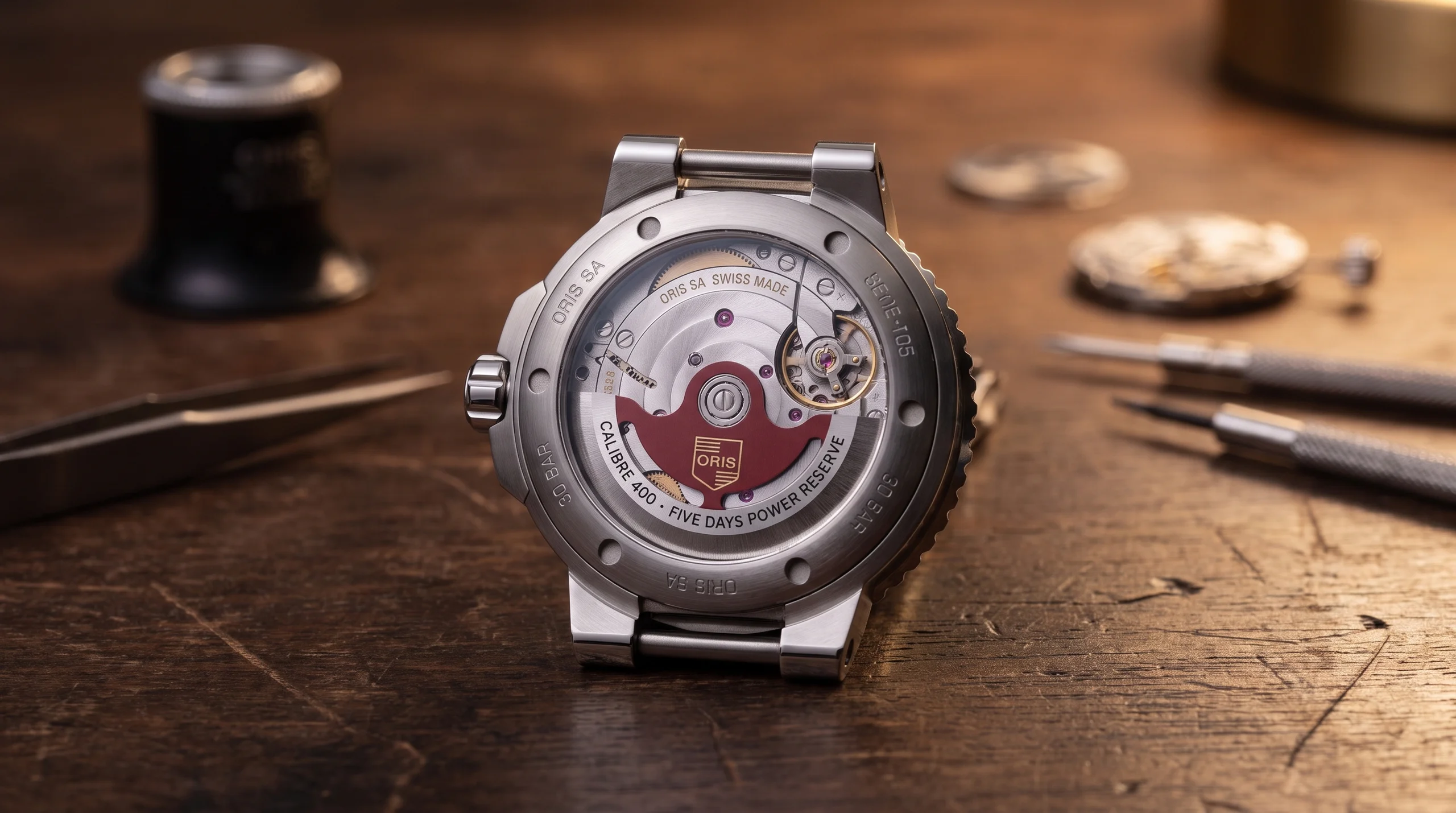 Oris Calibre 400 in-house movement with the signature red rotor, a 5-day power reserve with a 10-year warranty
