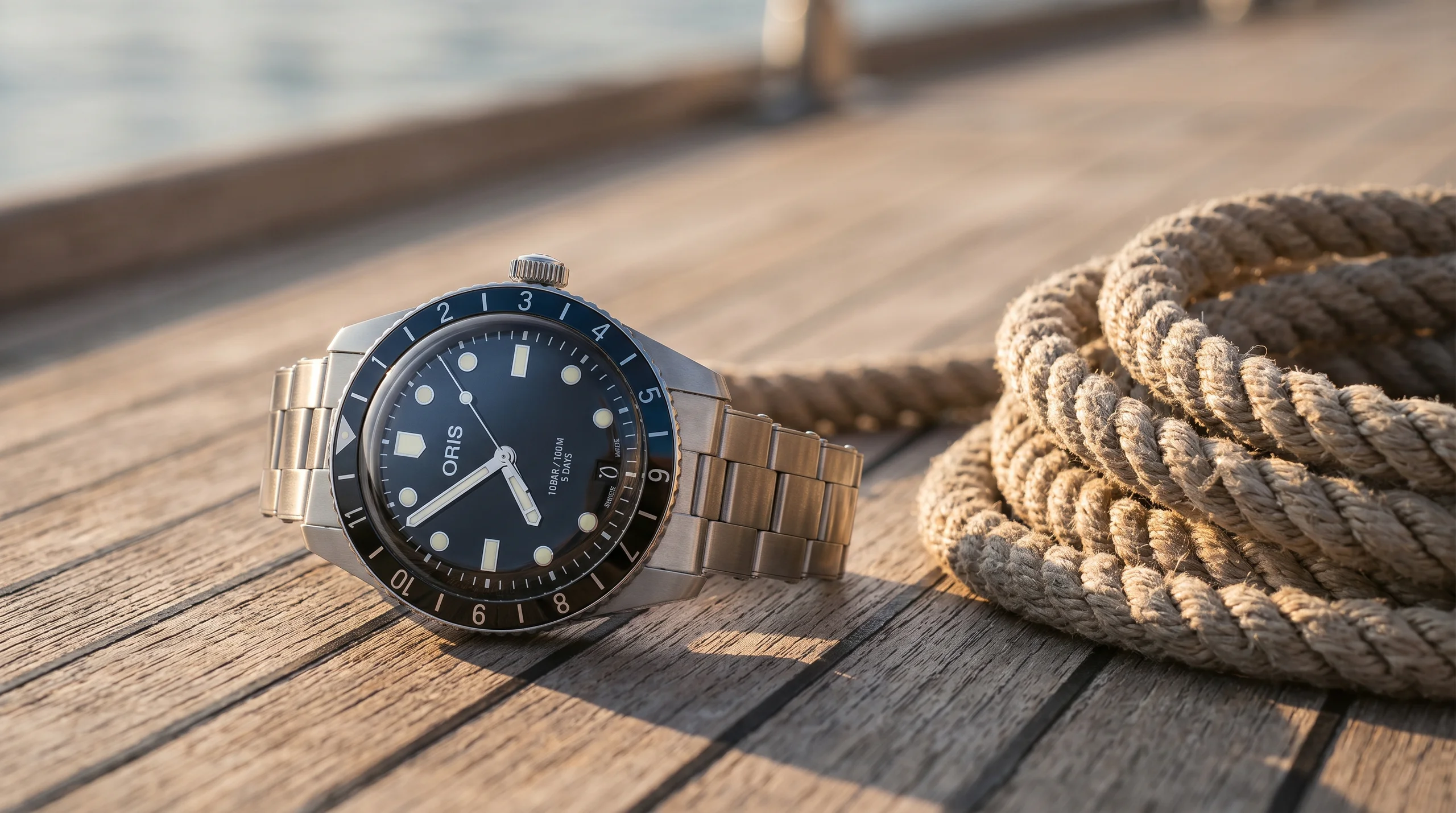 Oris Divers Sixty-Five Calibre 400 on a teak boat deck, the vintage-styled Oris diver