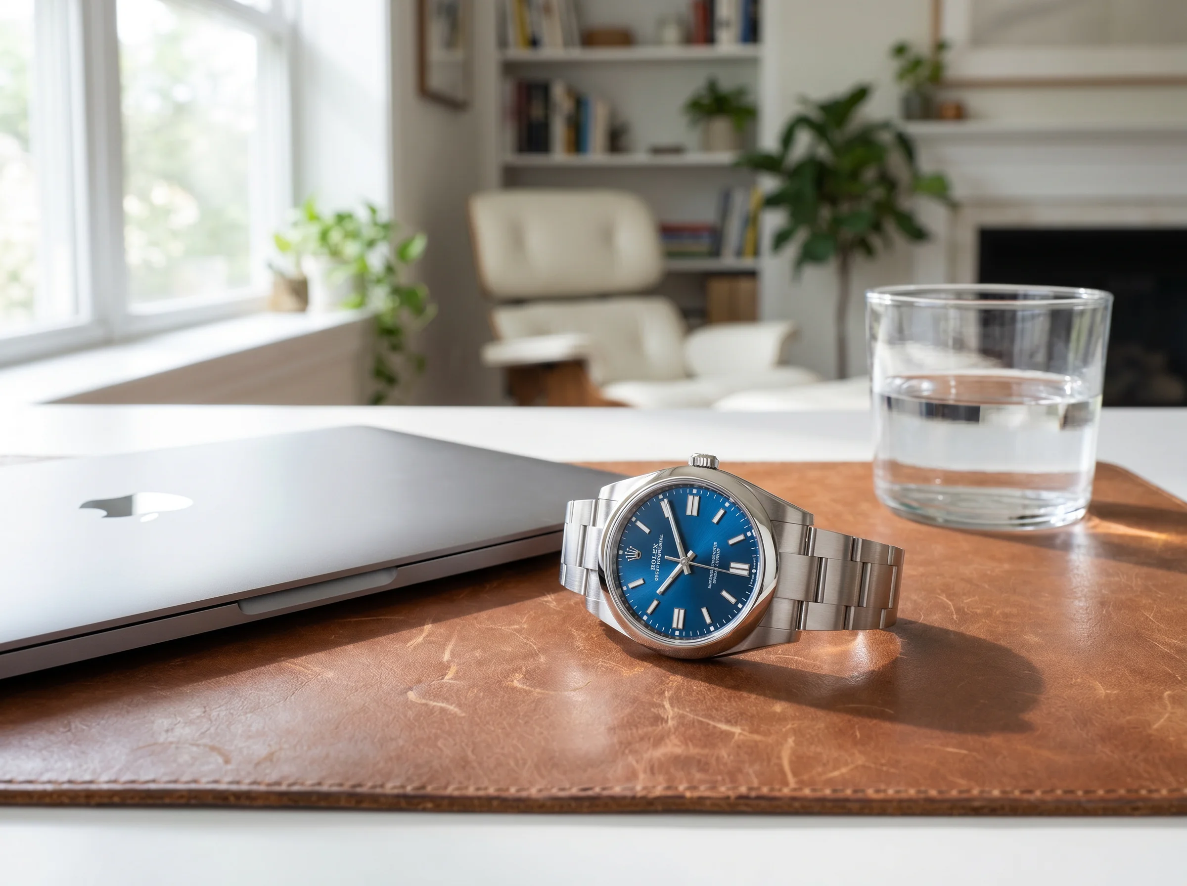 Rolex Oyster Perpetual 41 124300 with blue dial on a leather desk pad beside a laptop in a home office