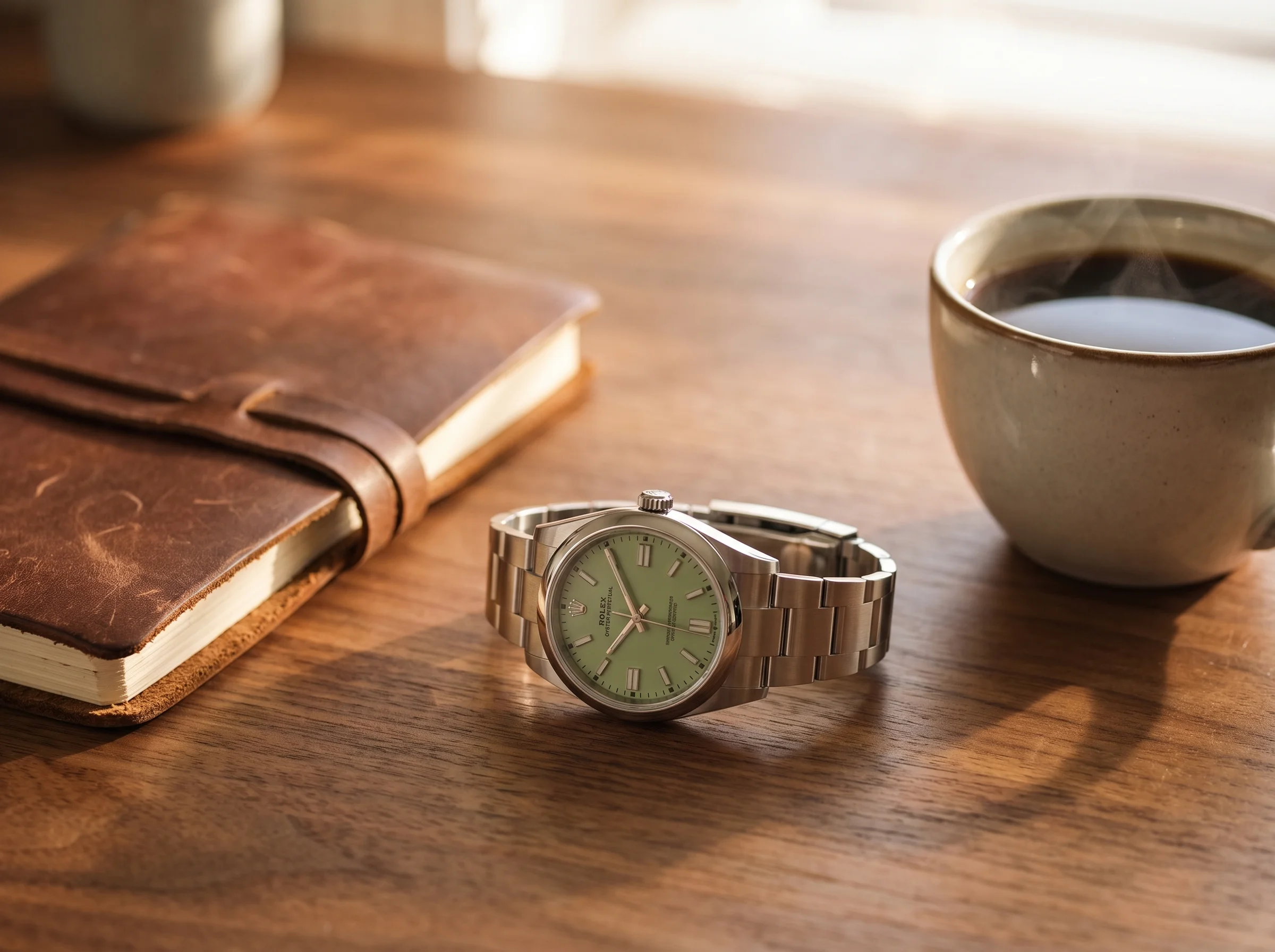 Rolex Oyster Perpetual 41 ref 134300 pistachio dial on a walnut desk beside a notebook and coffee, an everyday luxury watch