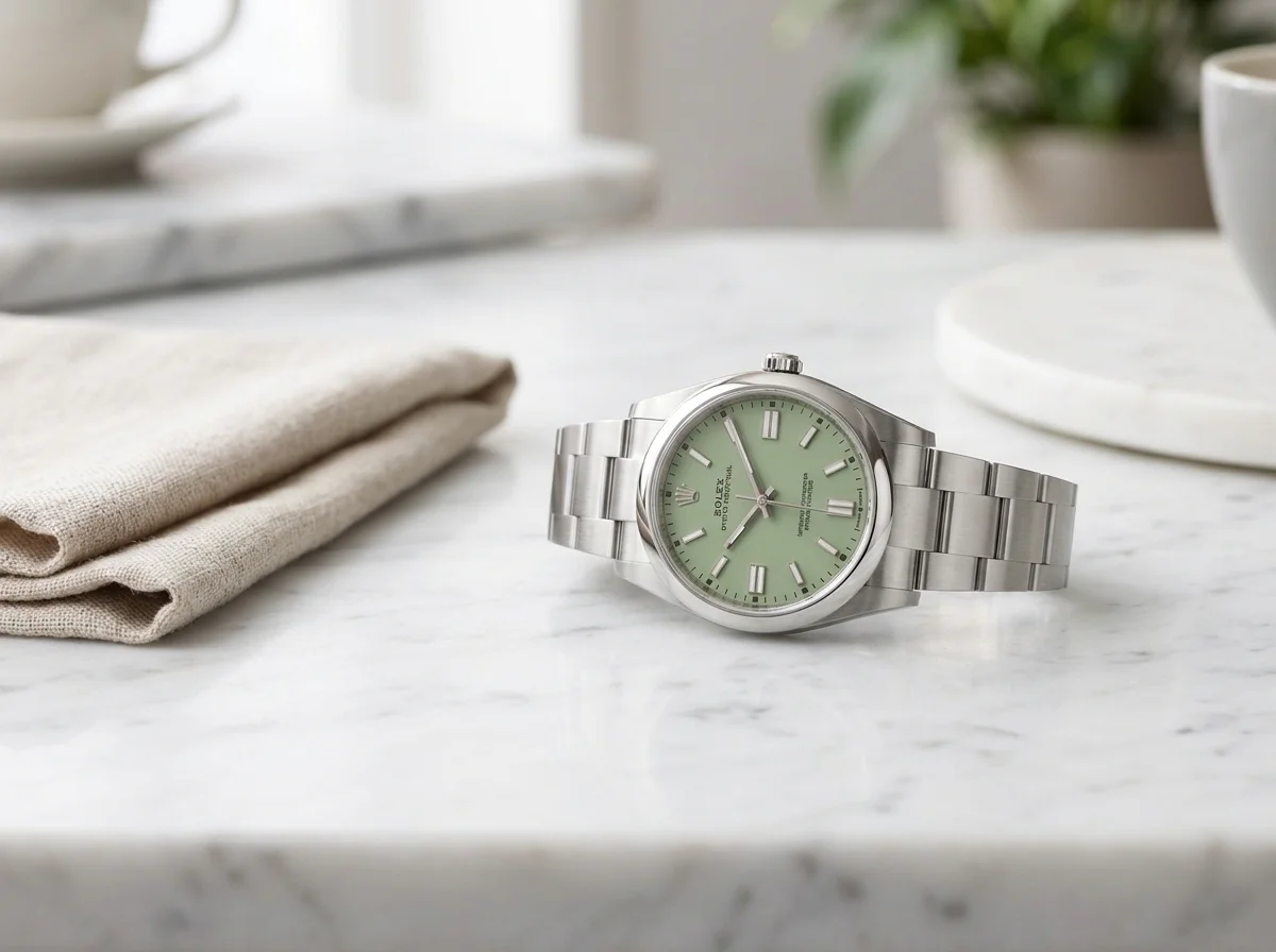 Rolex Oyster Perpetual 41 ref 134300 pistachio dial on a white marble counter, everyday luxury watch