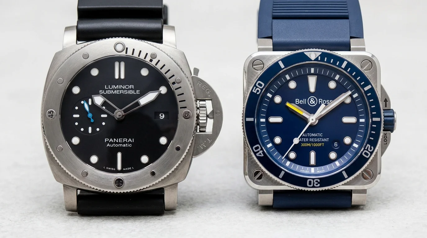 Side by side comparison of a Panerai Submersible titanium case and a Bell and Ross BR 03 square case.