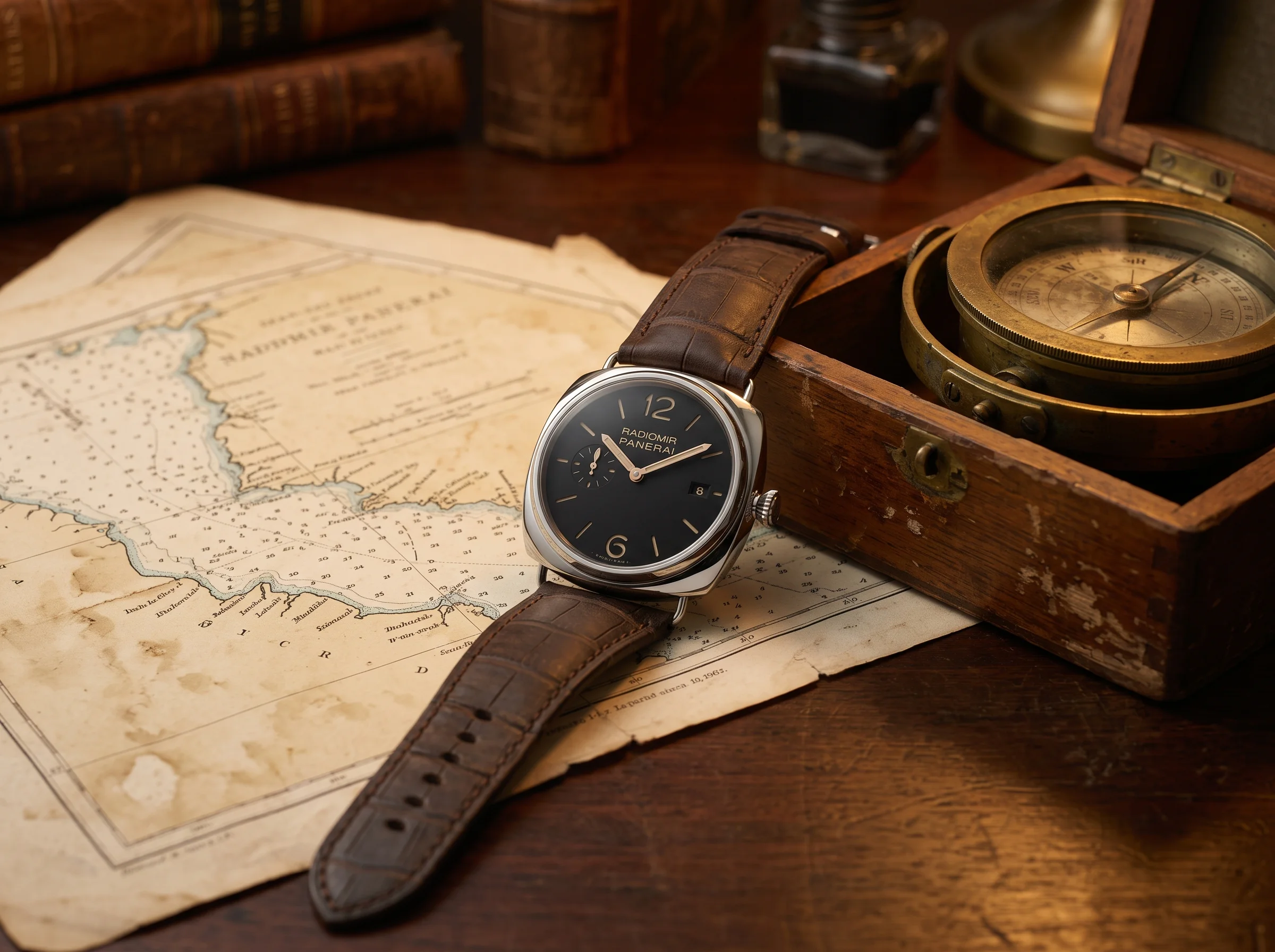Radiomir-style cushion watch with thin wire lugs and an exposed crown resting on a vintage nautical chart