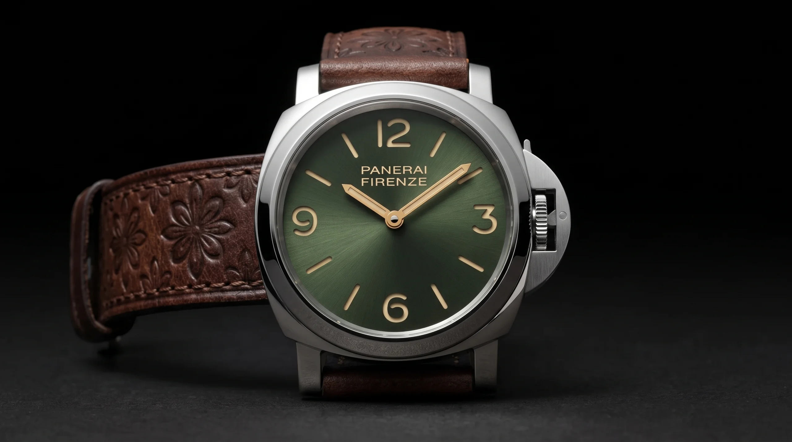Panerai Luminor Firenze 8 Giorni PAM01734 Platinumtech on dark brown Tuscan calfskin strap with green sandwich dial and gold-effect hands