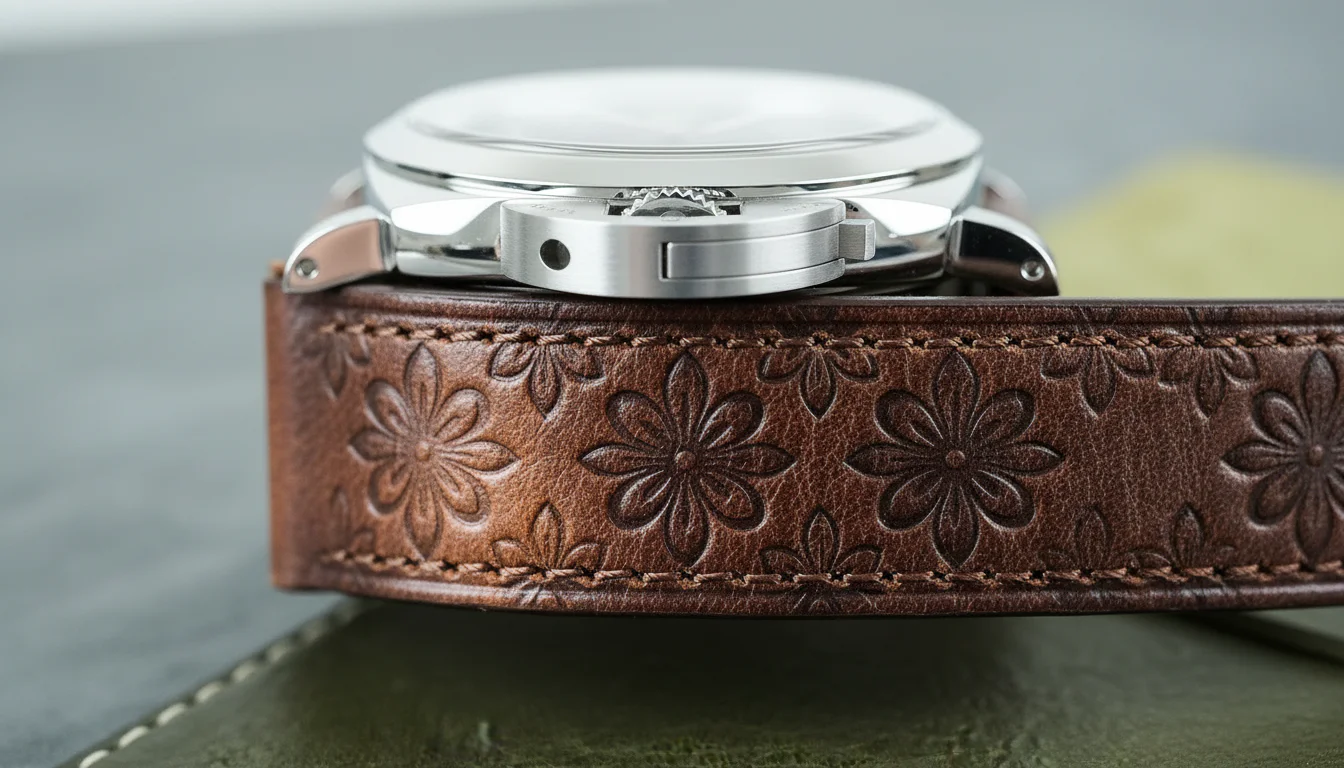 Detail of the Panerai Luminor Firenze 8 Giorni's dark brown Tuscan calfskin strap embossed with a Florentine floral pattern