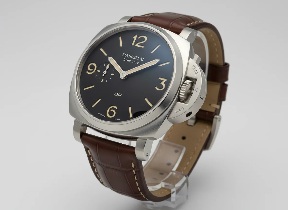 Panerai Luminor 1950 47mm in steel with vintage proportions REG TM crown bridge engraving and black sandwich dial