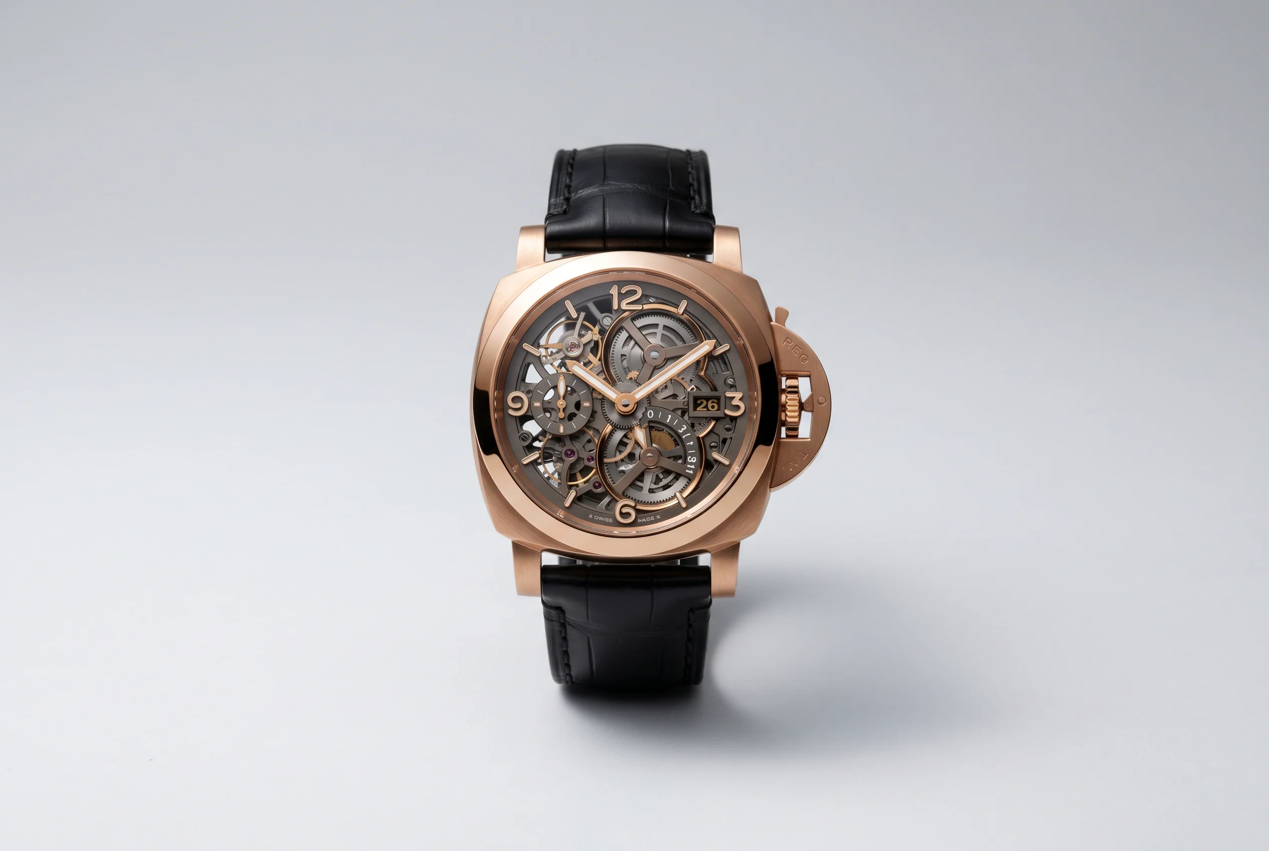 Panerai Luminor 31 Giorni PAM01631 in 44mm Goldtech rose gold with skeletonized dial four mainspring barrels and 31-day power reserve