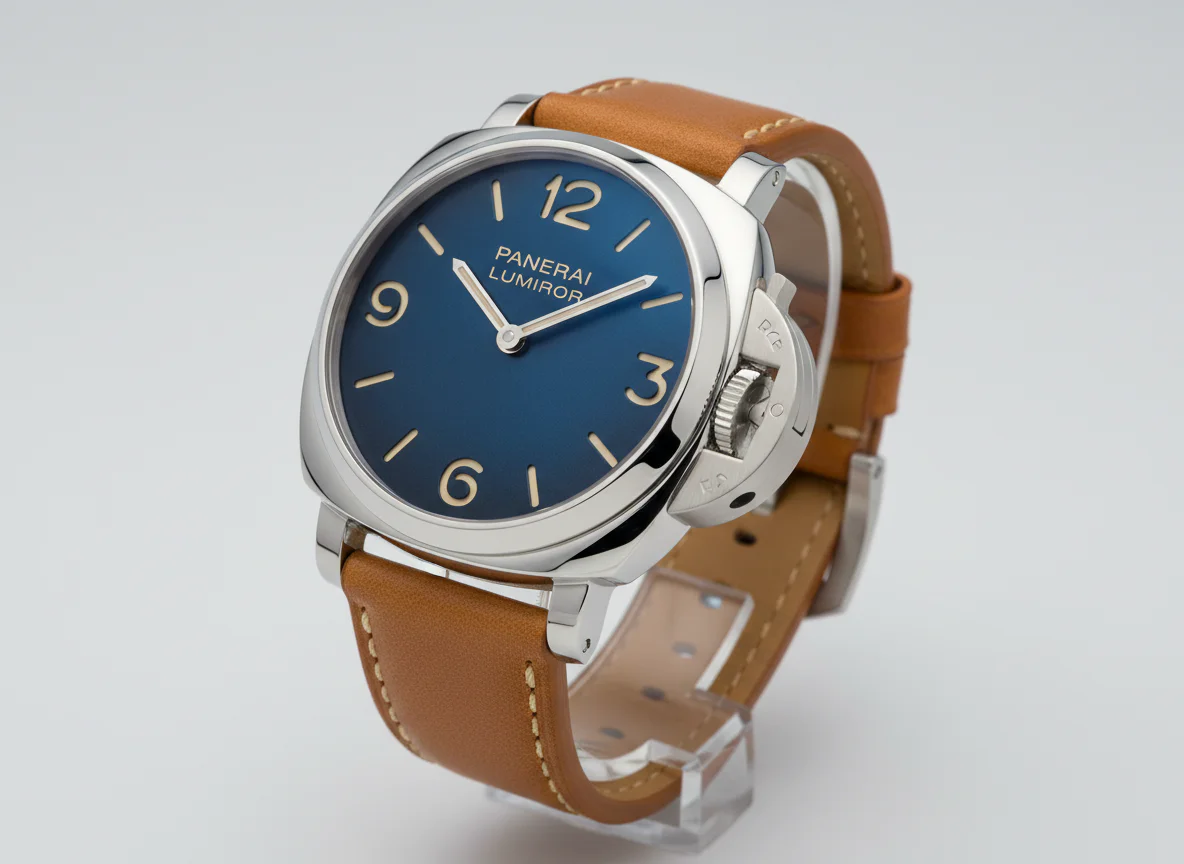 Panerai Luminor Destro PAM01732 in 44mm steel with left-side crown protector bridge and matte blue gradient sandwich dial
