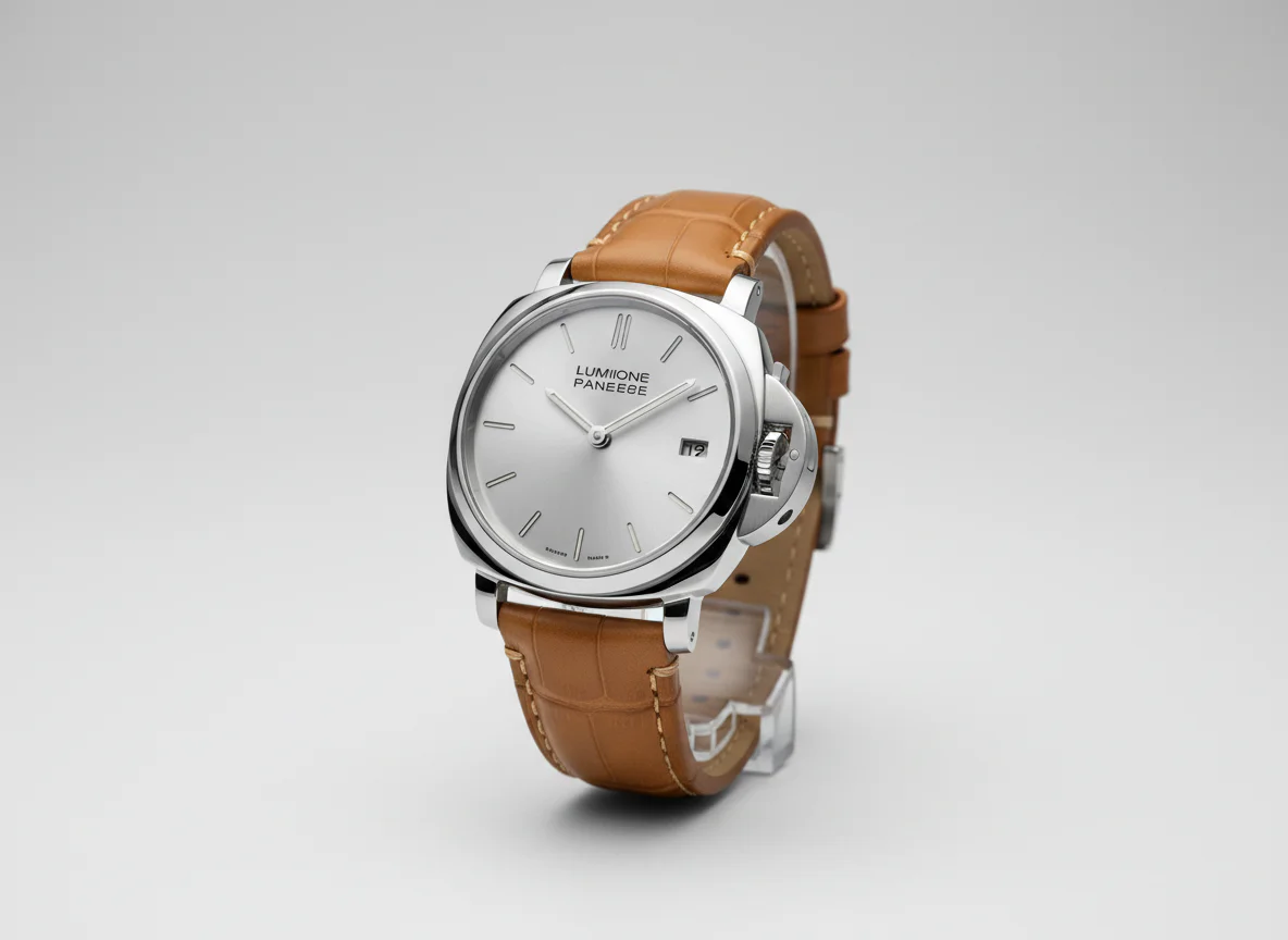 Panerai Luminor Due 38mm dressy slim variant in steel with pale silver sunburst dial and slim baton markers studio shot