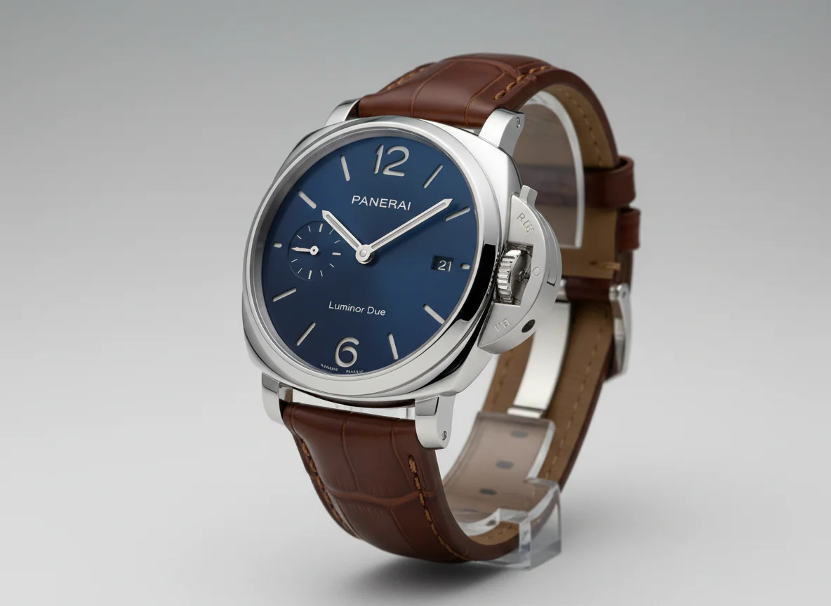 Panerai Luminor Due 42mm slim profile in steel with blue sunburst dial and crown protector