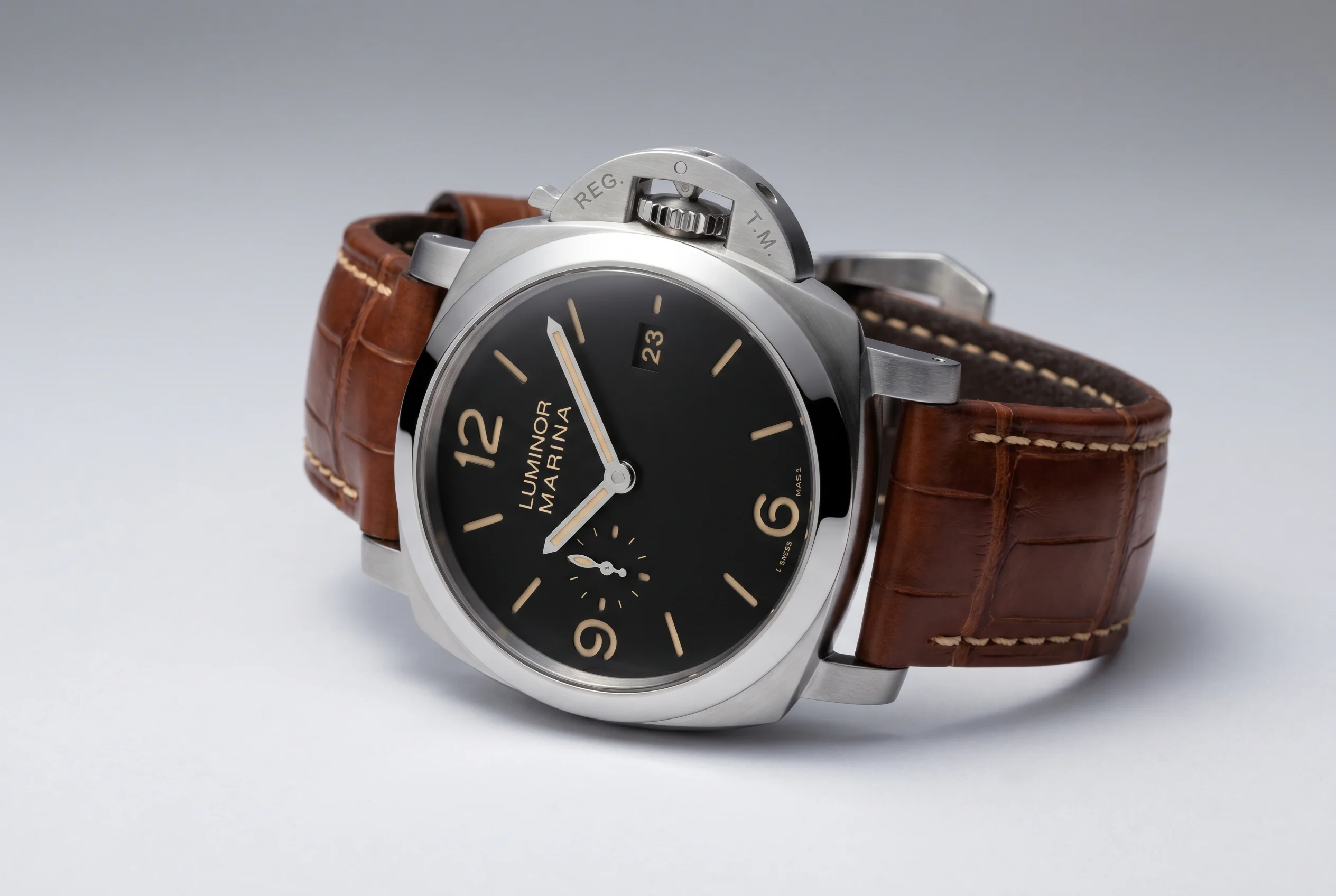Classic Panerai Luminor Marina 44mm wristwatch in stainless steel with black sandwich dial and crown protector bridge