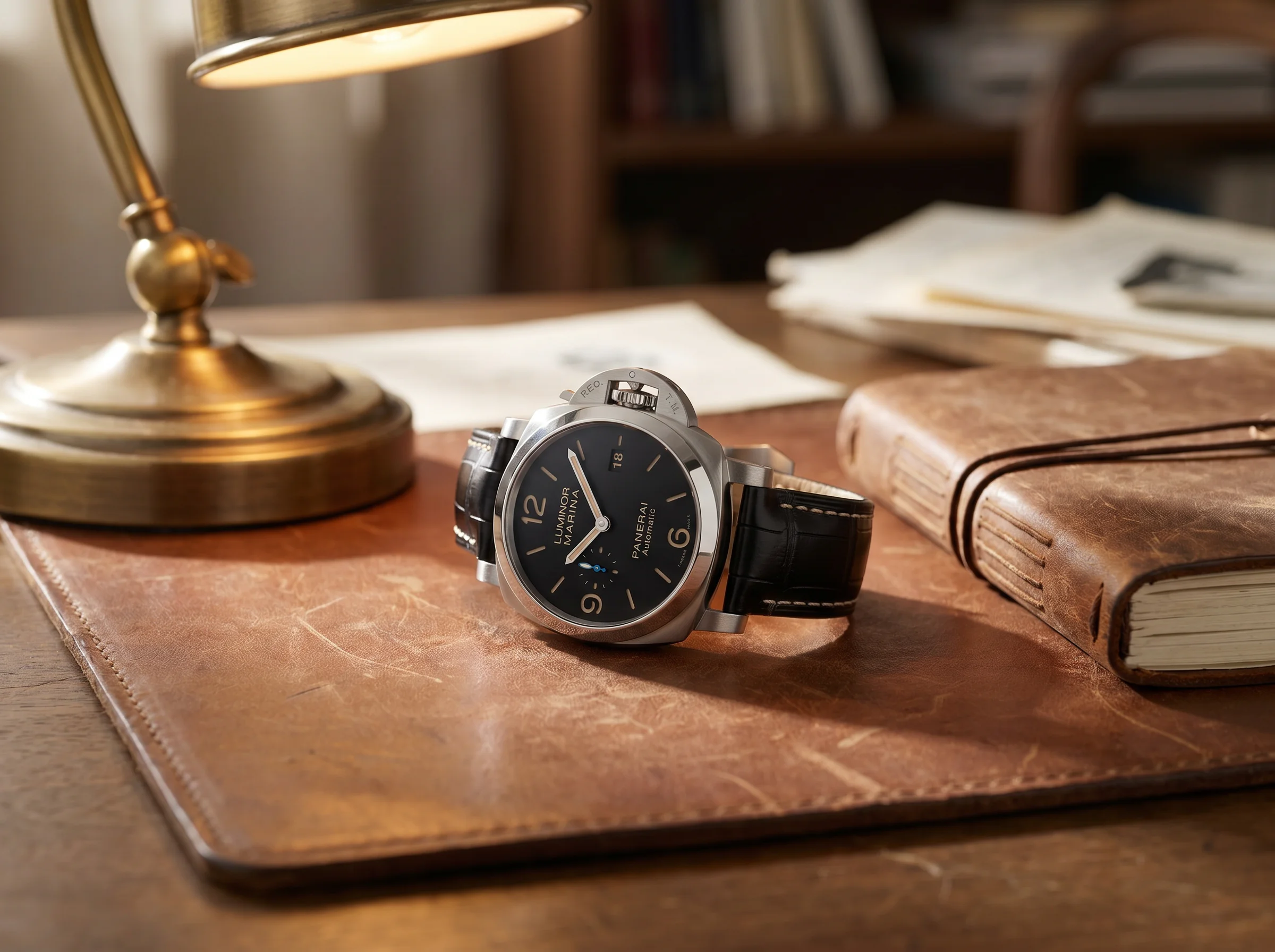 Panerai Luminor Marina PAM01312 on a worn leather desk pad beside a brass lamp and leather notebook