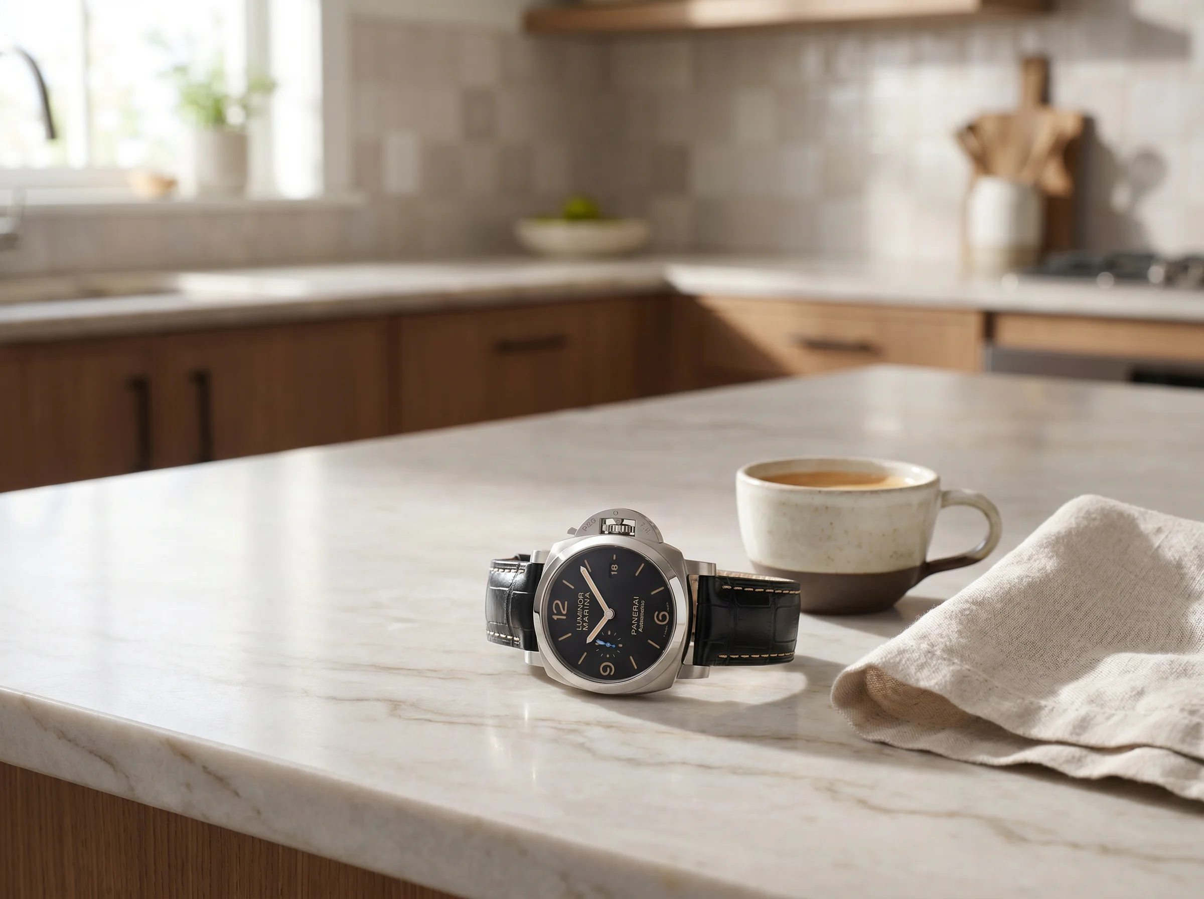 Panerai Luminor Marina PAM01312 on a pale marble counter beside an espresso cup and linen napkin